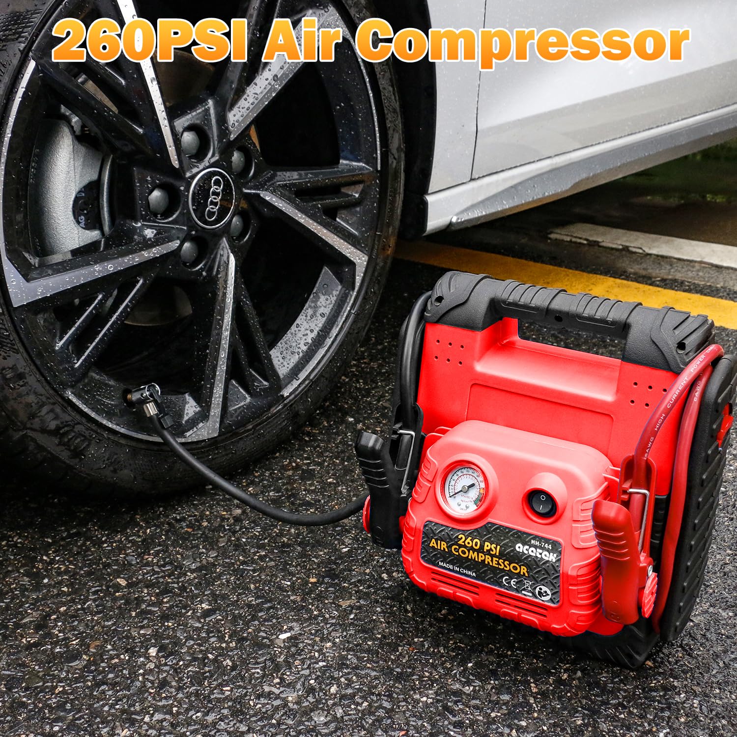 acetek 1800 Amp Jump Starter with Air Compressor & 260 PSI Tire Inflator, 20000mAh, LED Light, USB, Model HH-744
