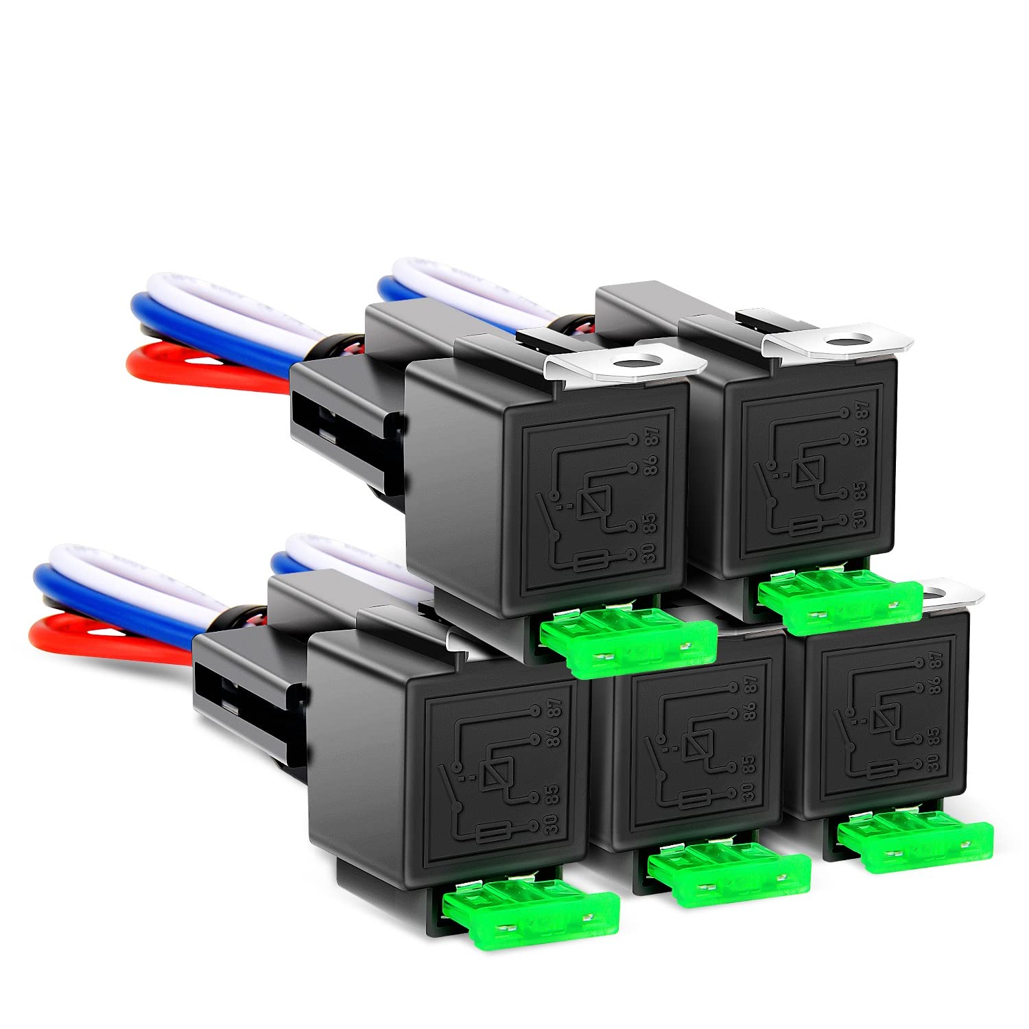 Nilight 50023R 5 Pack 30A Fuse Relay Car Truck Socket Kit-30A Switch Harness Set-12V Dc 4-Pin Spst Automotive 14 Awg Hot Wires-Auto Switches & Starters S