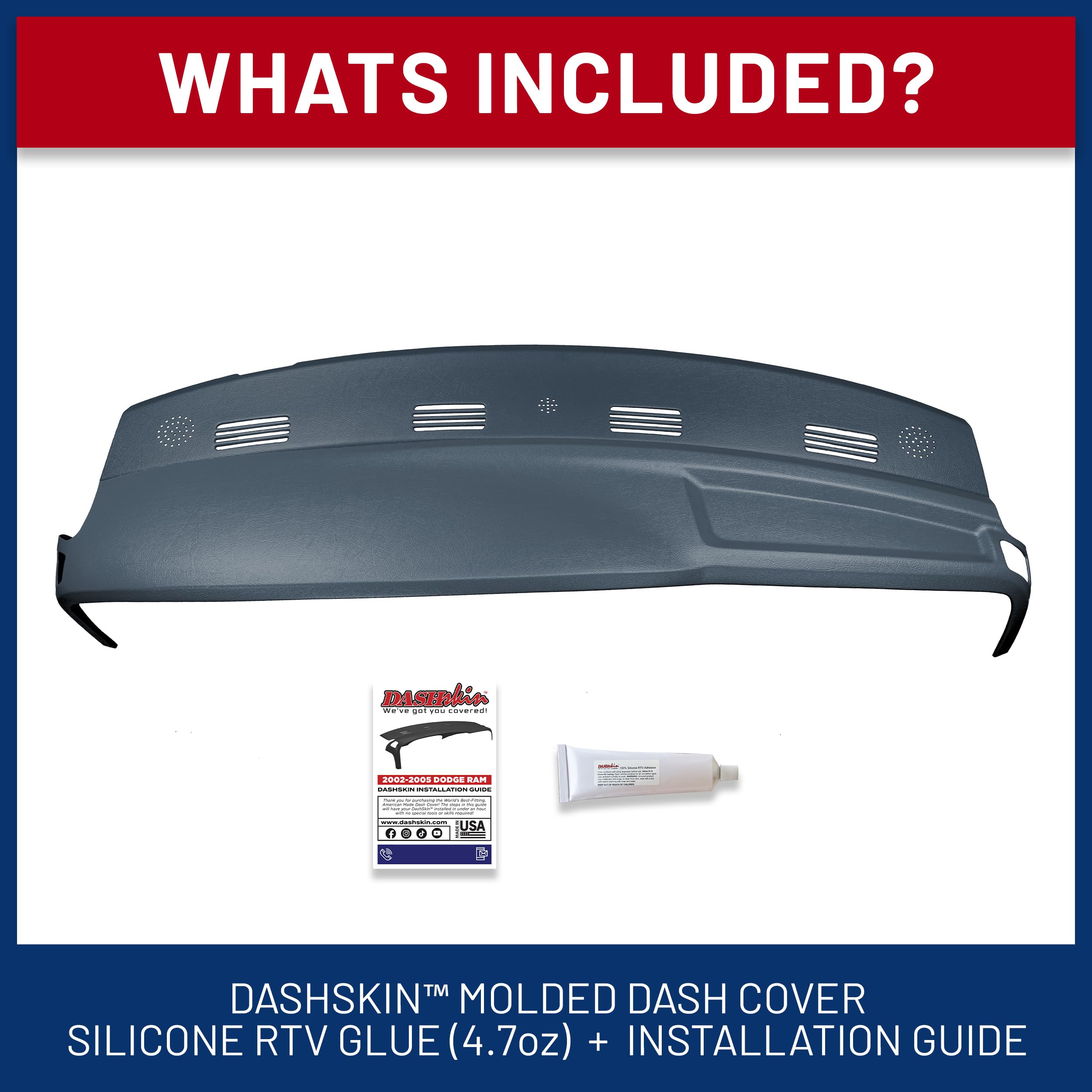 DashSkin One Piece Molded Hard Plastic Dash Cover for 2002-2005 Dodge Ram, Navy Blue, Model 0205DR1-Navy Blue, Made in USA