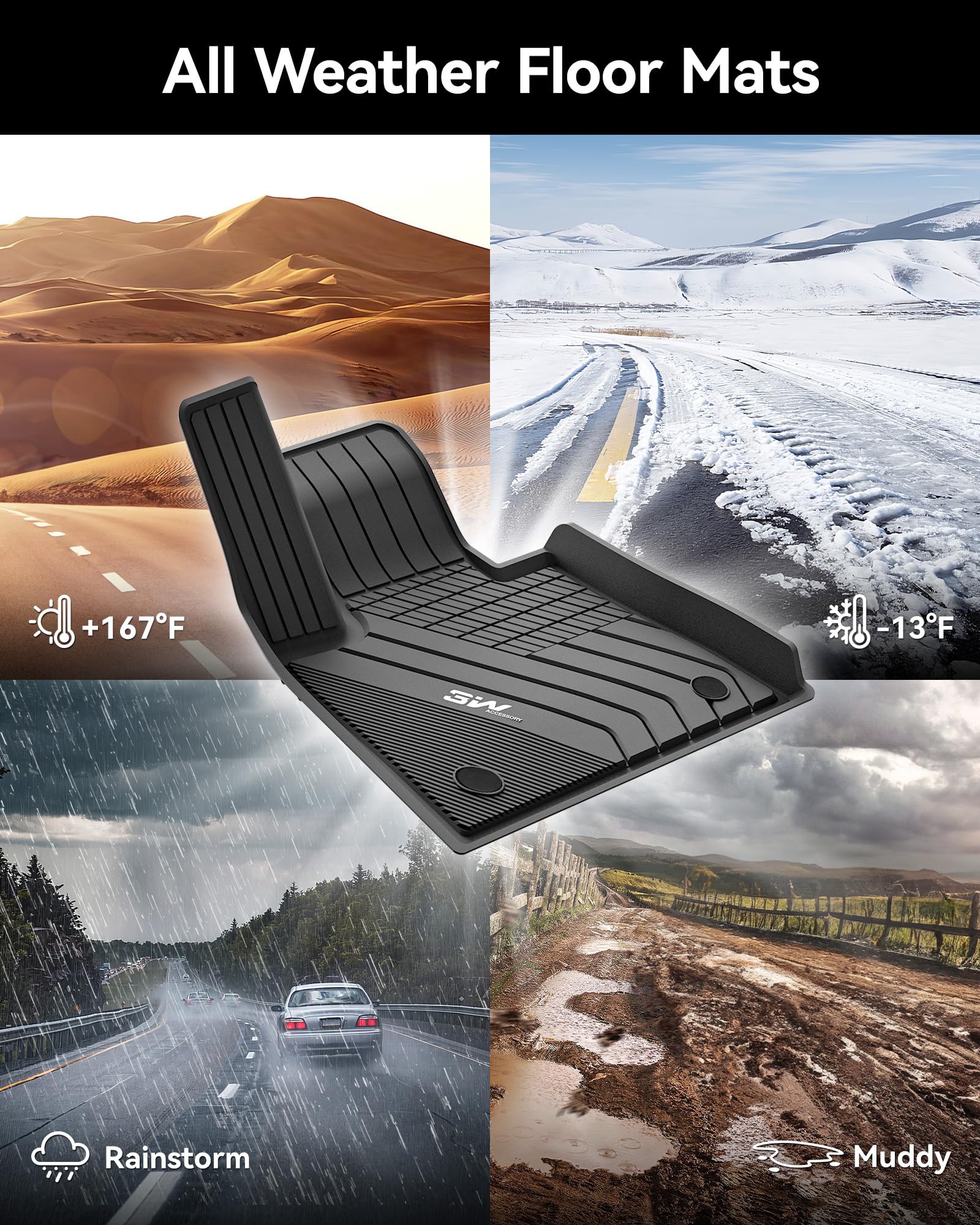 3W BMW X6 All-Weather Floor Mats, TPE, Black, Custom Fit for 2020-2025 G06, 1st & 2nd Row Full Set