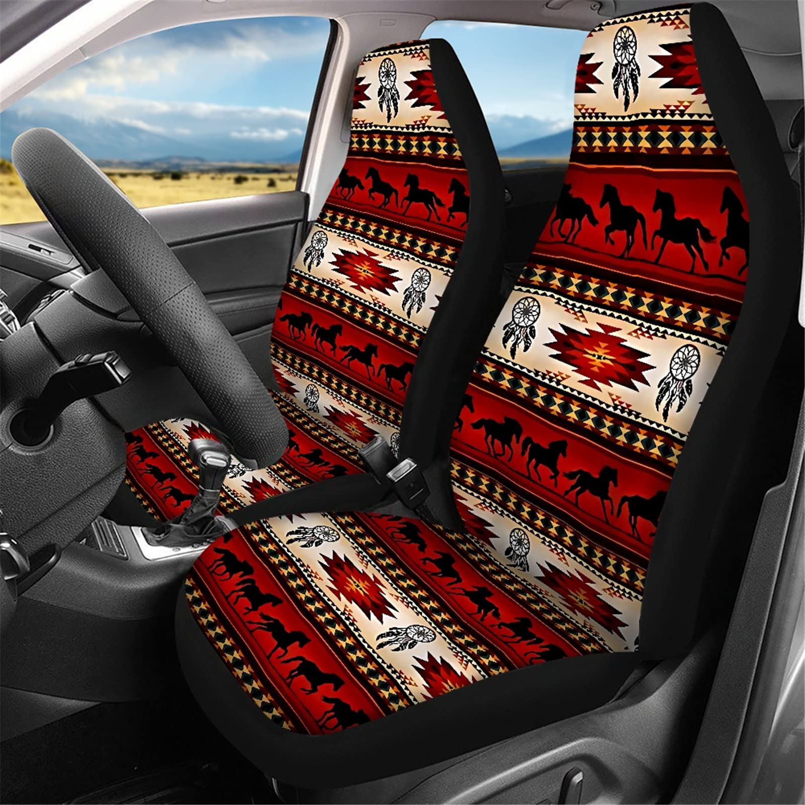 AFPANQZ Aztec Horses Car Seat Covers Full Set Red for Women Heavy Duty Car Accessories Decoration 4 Piece Universal Truck Sedan