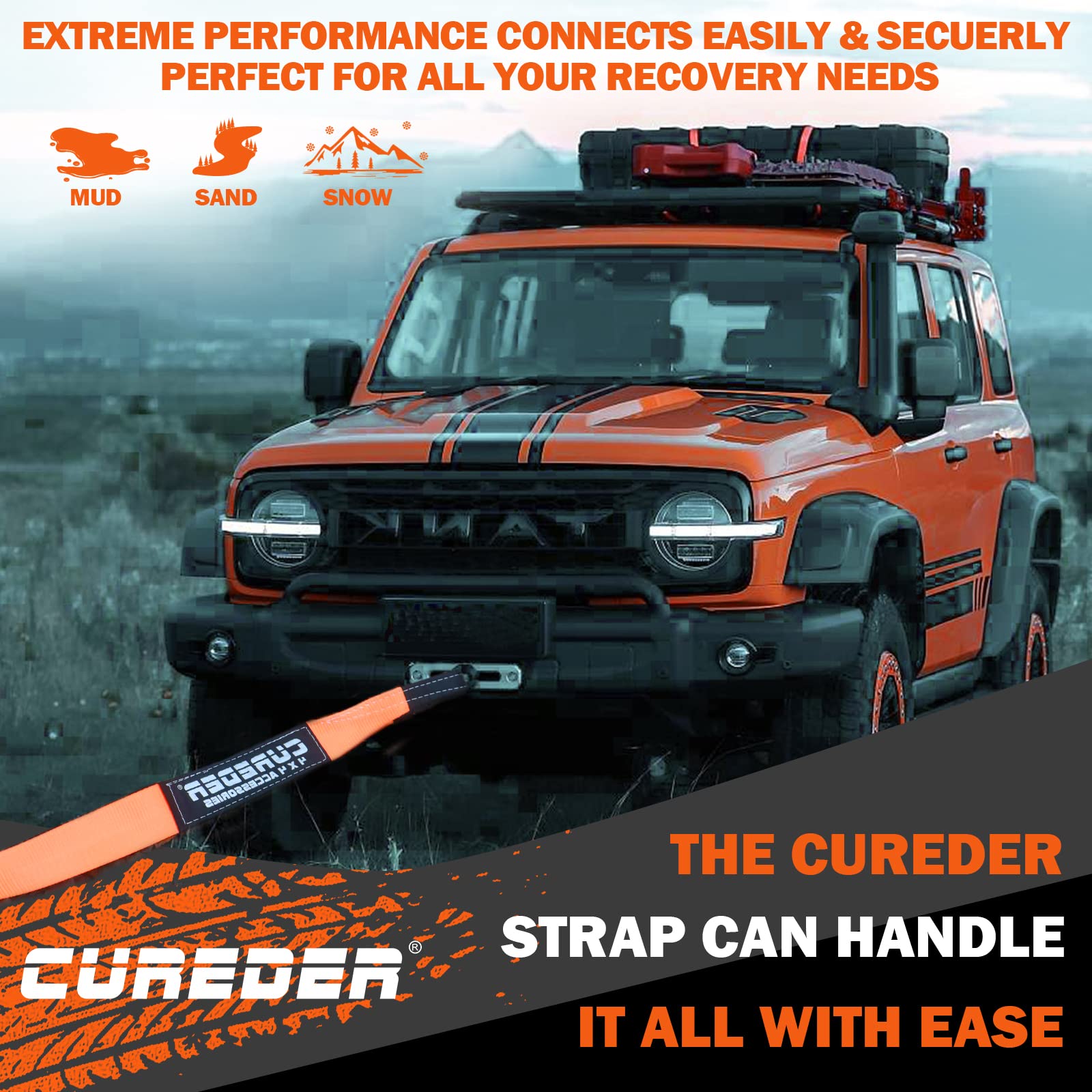 Cureder Tow Strap - 3'' x 20ft Recovery Strap,Lab Tested 35,121 lb Break Strength Snatch Strap, Suitable for Emergency Off-Road