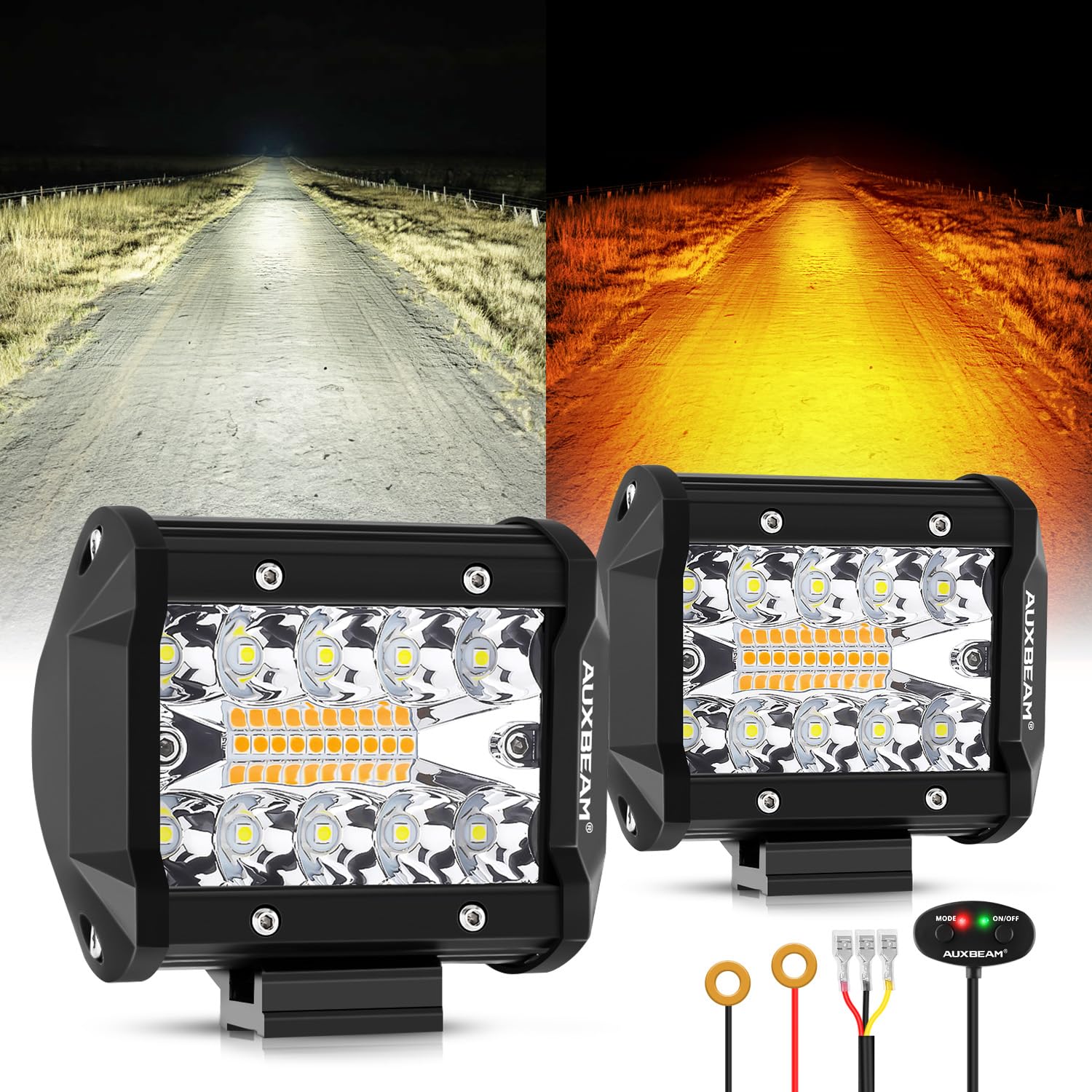 Auxbeam 6 Modes Amber White Series 4 Inch 120W Strobe Led Pod Lights Dual Color Auxiliary Offroad Light Bar Spot Flood Combo Fla