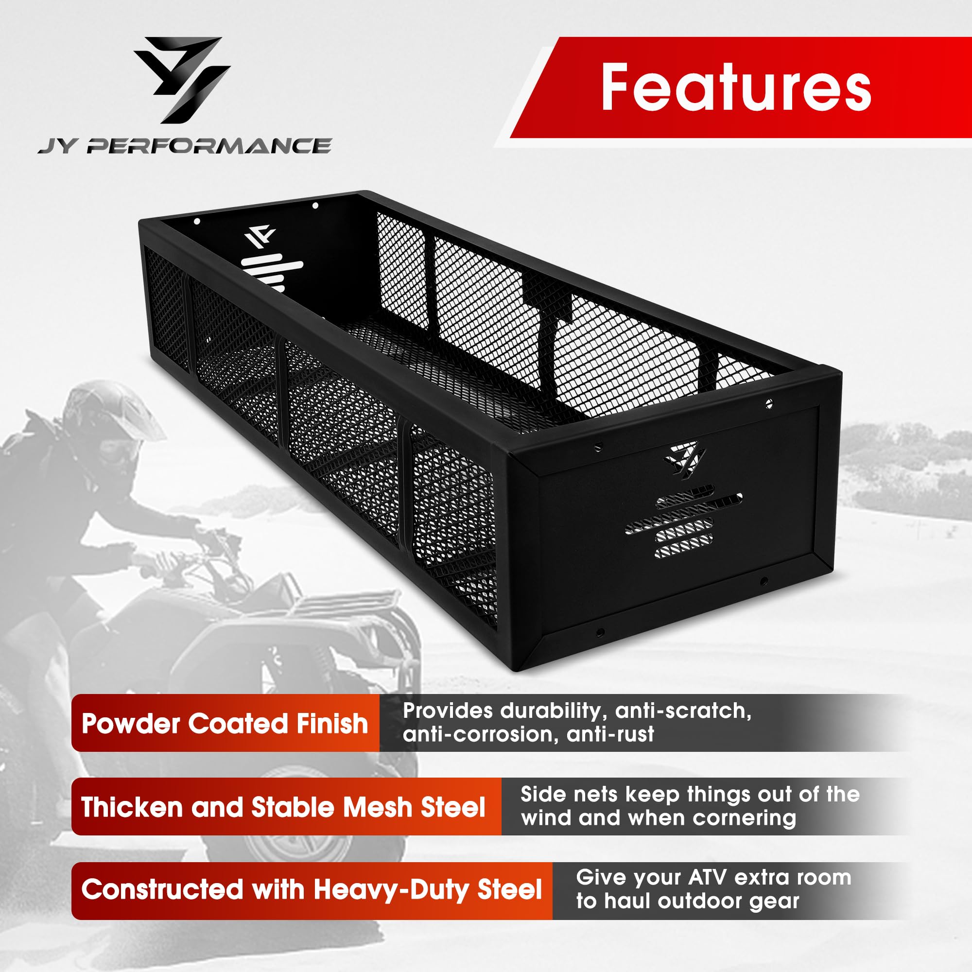 JY Performance Universal ATV Front Cargo Basket Black Steel Storage Rack for Camping/Fishing/Beach Side/Hiking