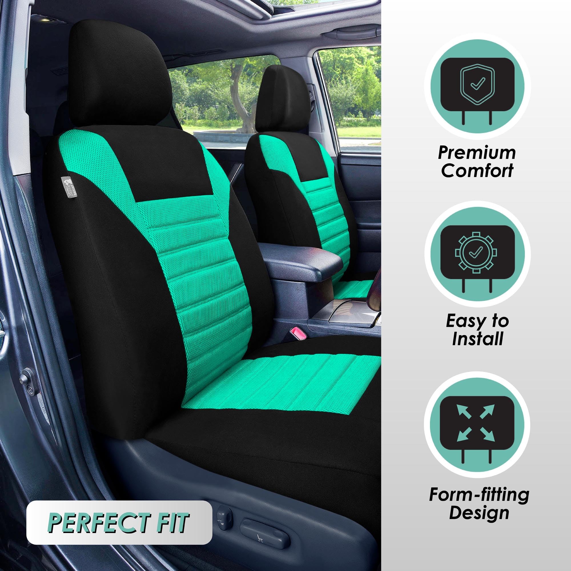 Fh Group Front Set Premium Mint 3D Air Mesh Car Seat Covers For Low Back Car Seats With Removable Headrest, Universal Fit, Airba