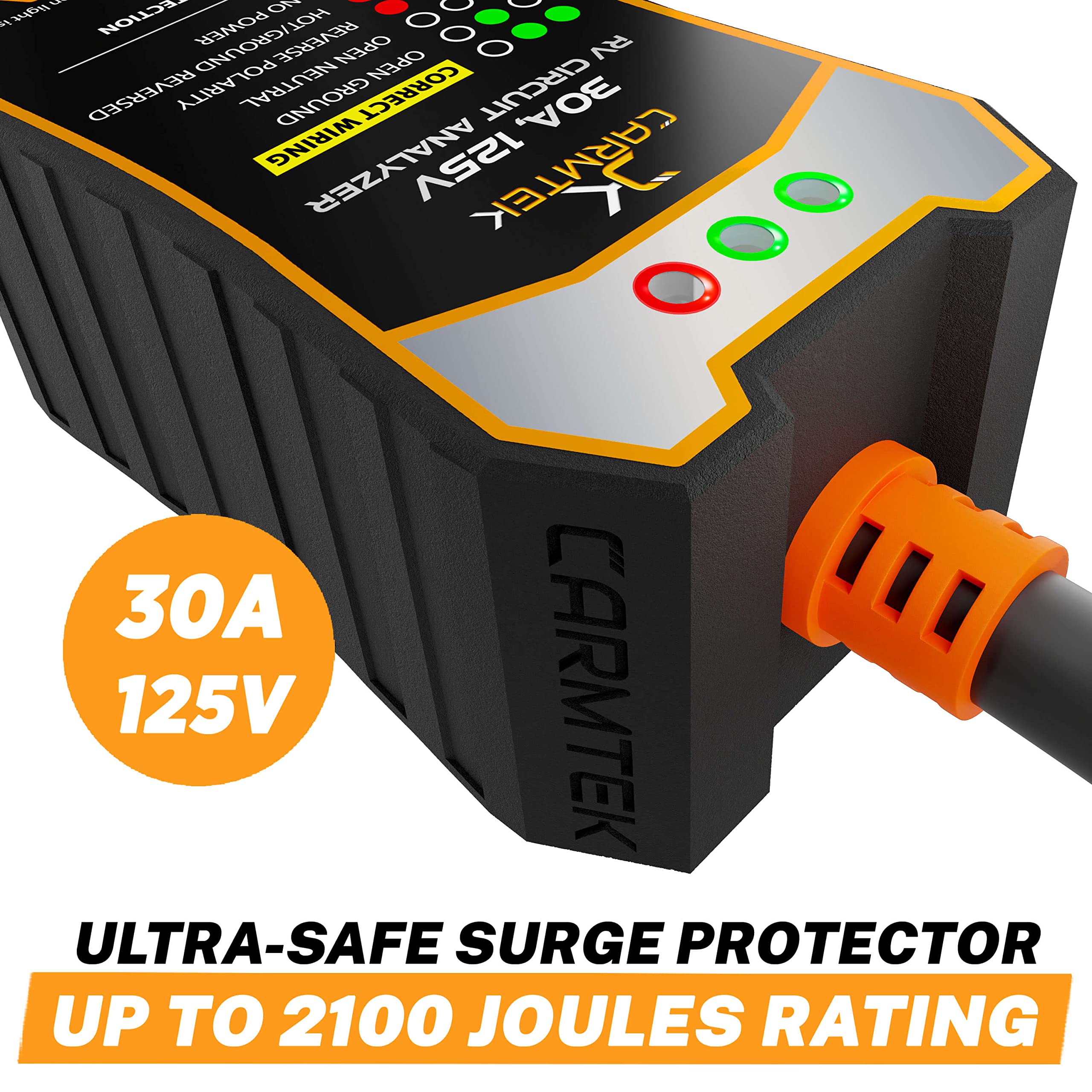 CARMTEK RV Surge Protector 30 Amp - Smart Circuit Analyzer with Integrated Surge Protection and Grip Handles