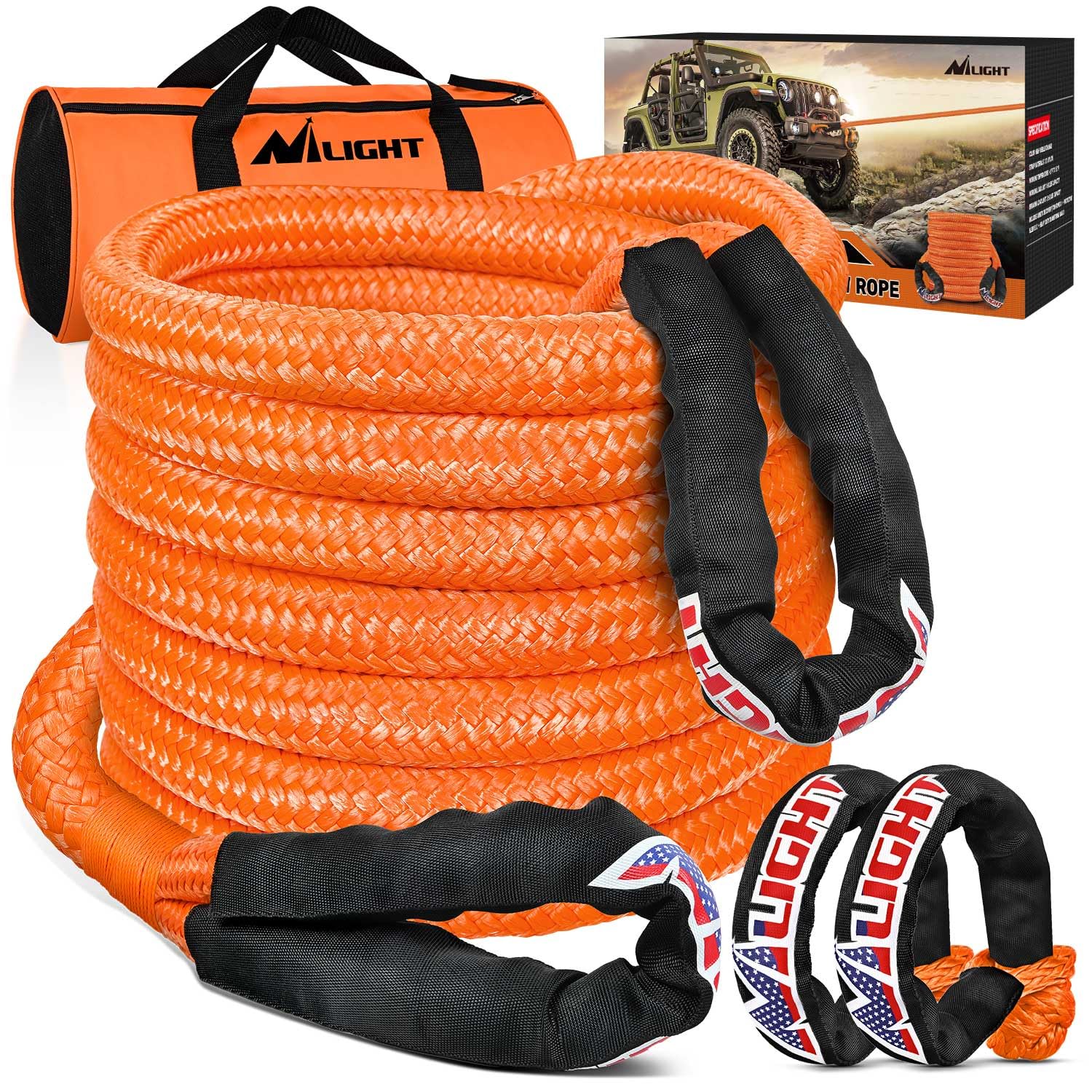 Nilight Kinetic Recovery Tow Rope 7/8'' x 20ft (28,600LBS) with 2 Soft Shackle 1/2'' x 24'' Snatch Strap Heavy Duty Offroad Towi