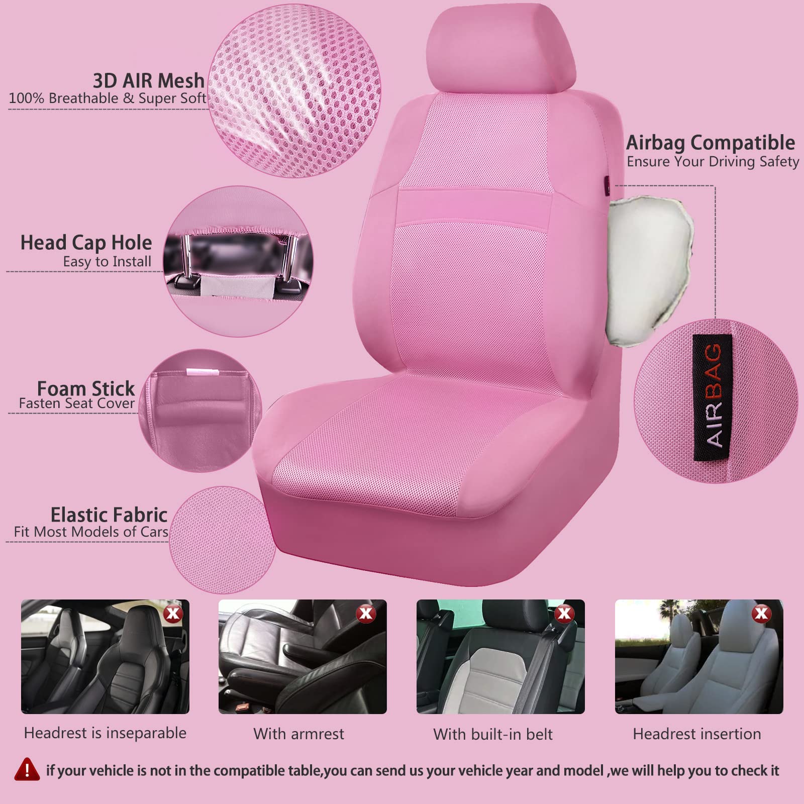 CAR PASS Pink Car Seat Cover Full Sets, Air Mesh, 5mm Sponge, Universal Fit for SUVs, Vans, Sedans, Trucks, Model zt-0022-PK1WY-SML