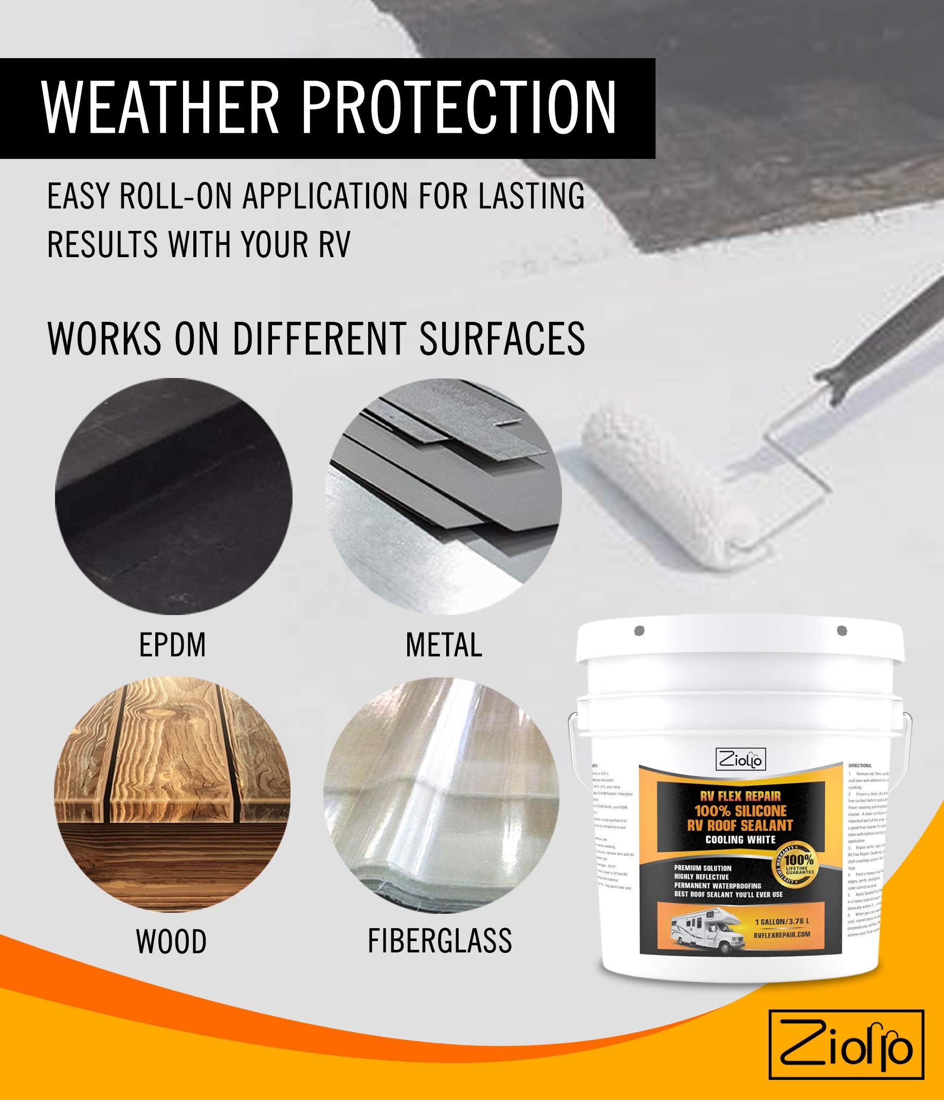 Ziollo RV Flex Repair Silicone Sealant - Waterproofing for RVs, Trailers, Campers - 1 Gallon, Cooling White