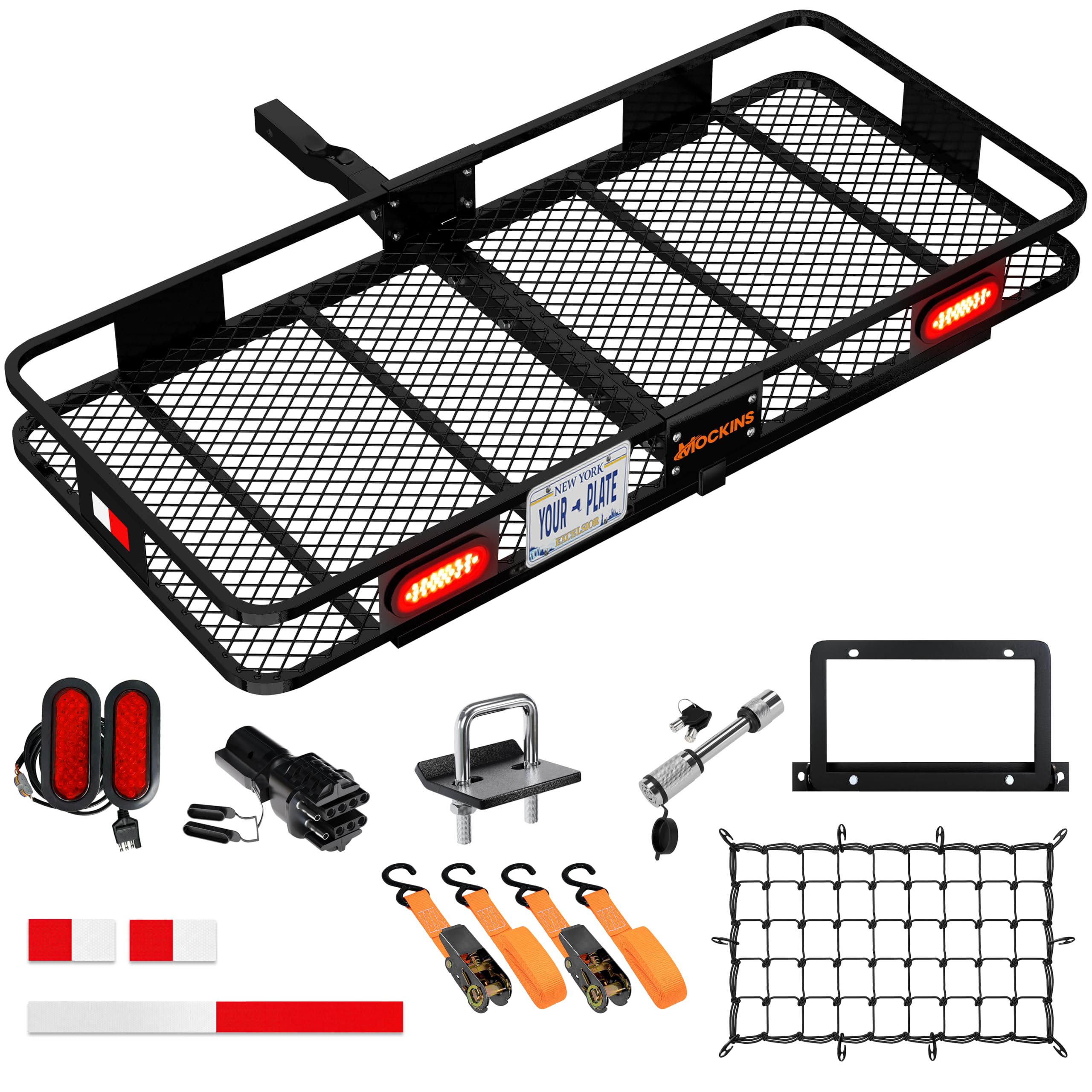 Mockins 60x20x6 Folding Trailer Hitch Cargo Carrier w/License Plate Holder, Rear Lights & More | 500Lbs. Cap Cargo Carrier Hitch