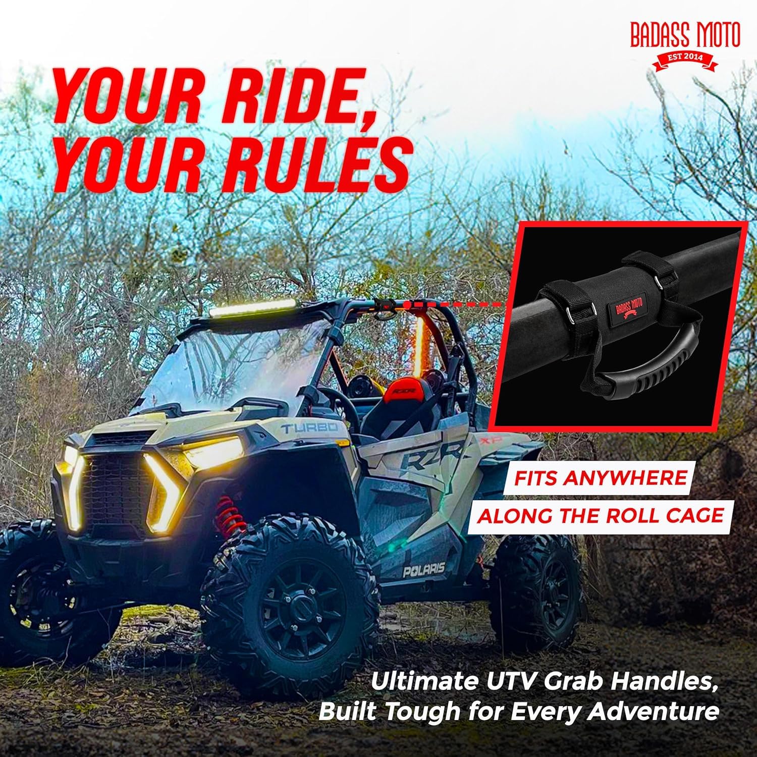 Roll Bar Grab Handles - SXS, ATV, & UTV Grab Handles Grips for 1.5 to 2'' Rollbar - Black & Red Hand Grip Grabs with Stainless S