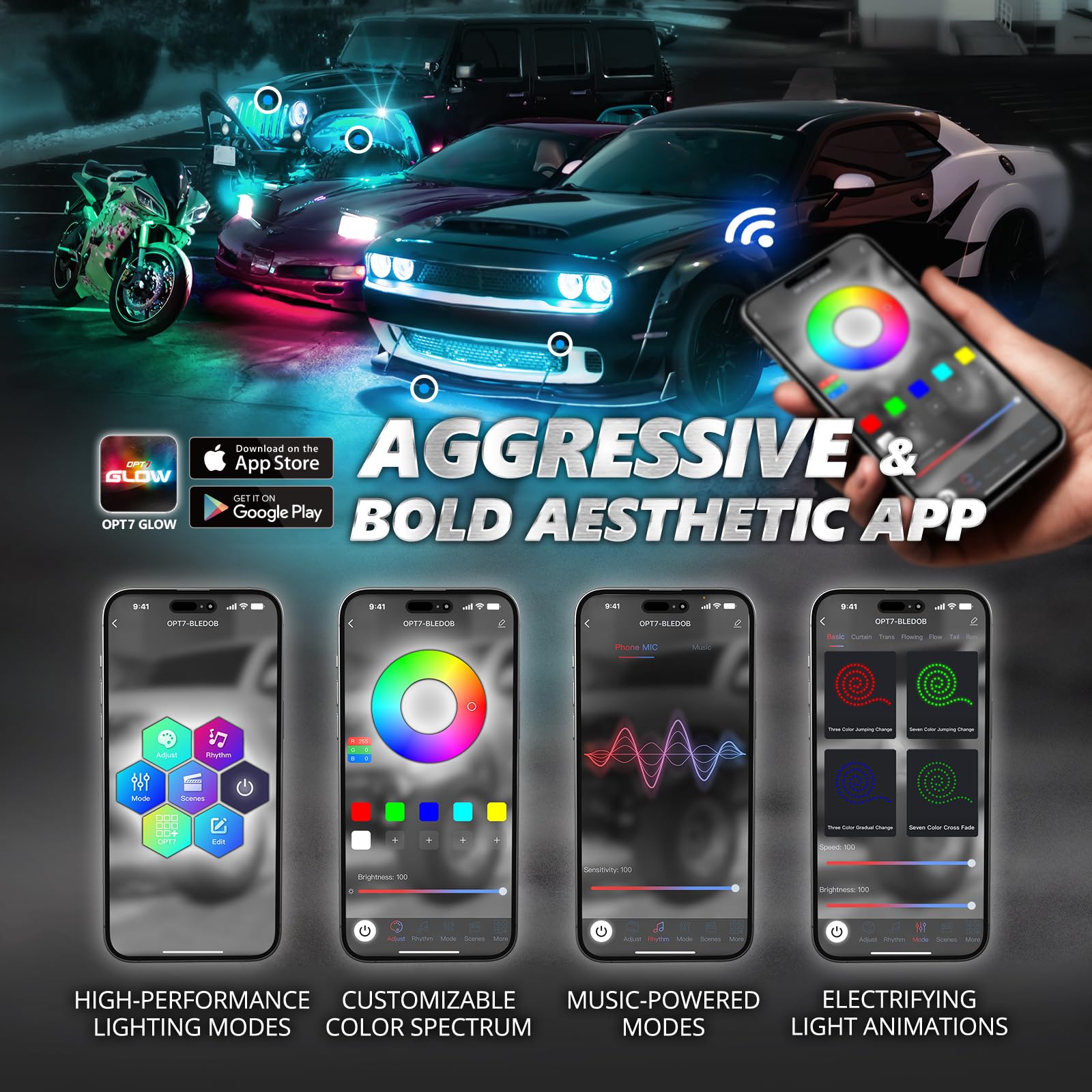OPT7 Aura Pro Halo Light DRL for 2008-2023 Dodge Challenger, Bluetooth Control, RGB LED, Easy Installation