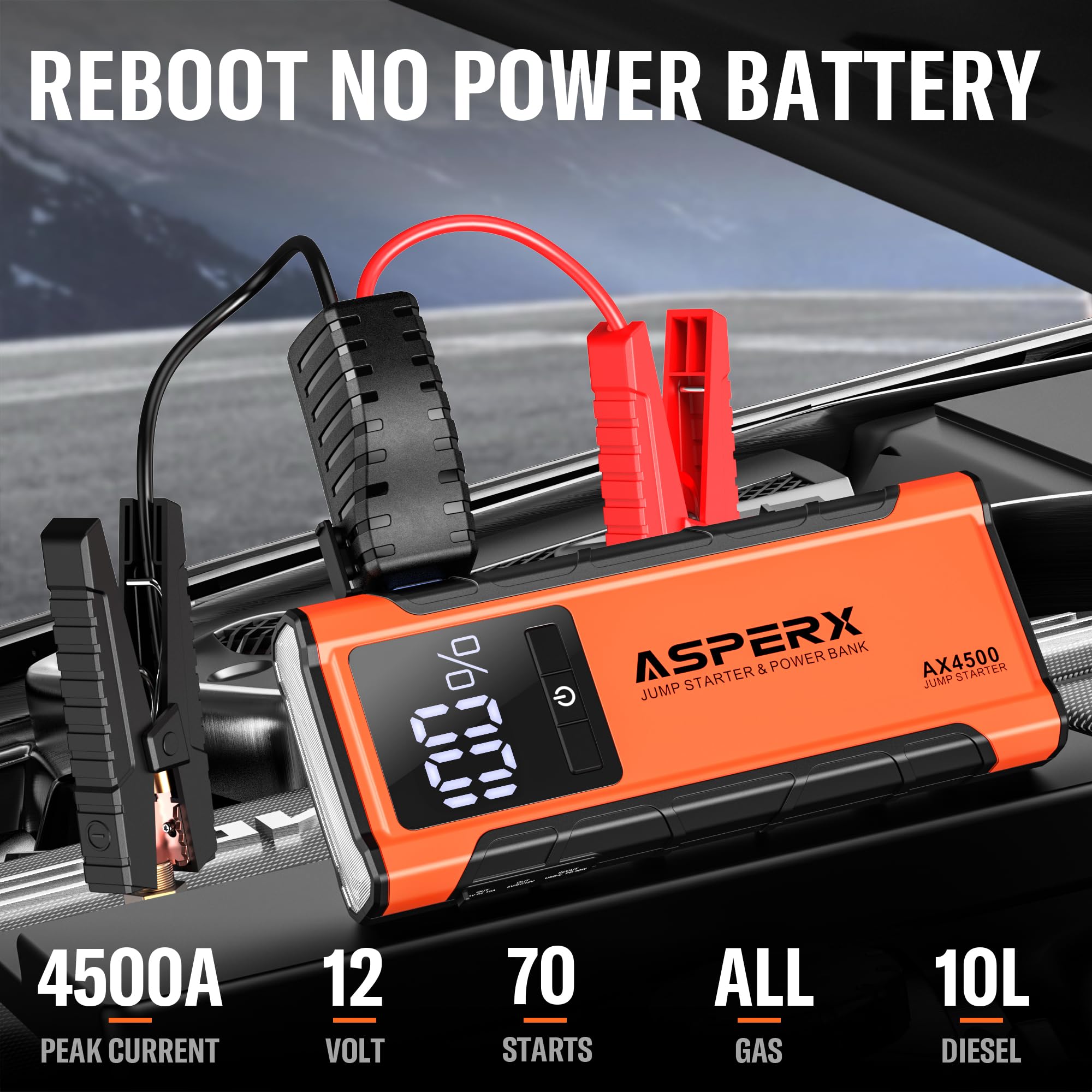 AsperX AX4500 Jump Starter - 4500A Peak, 12V Battery Booster Pack, LCD Display, Orange