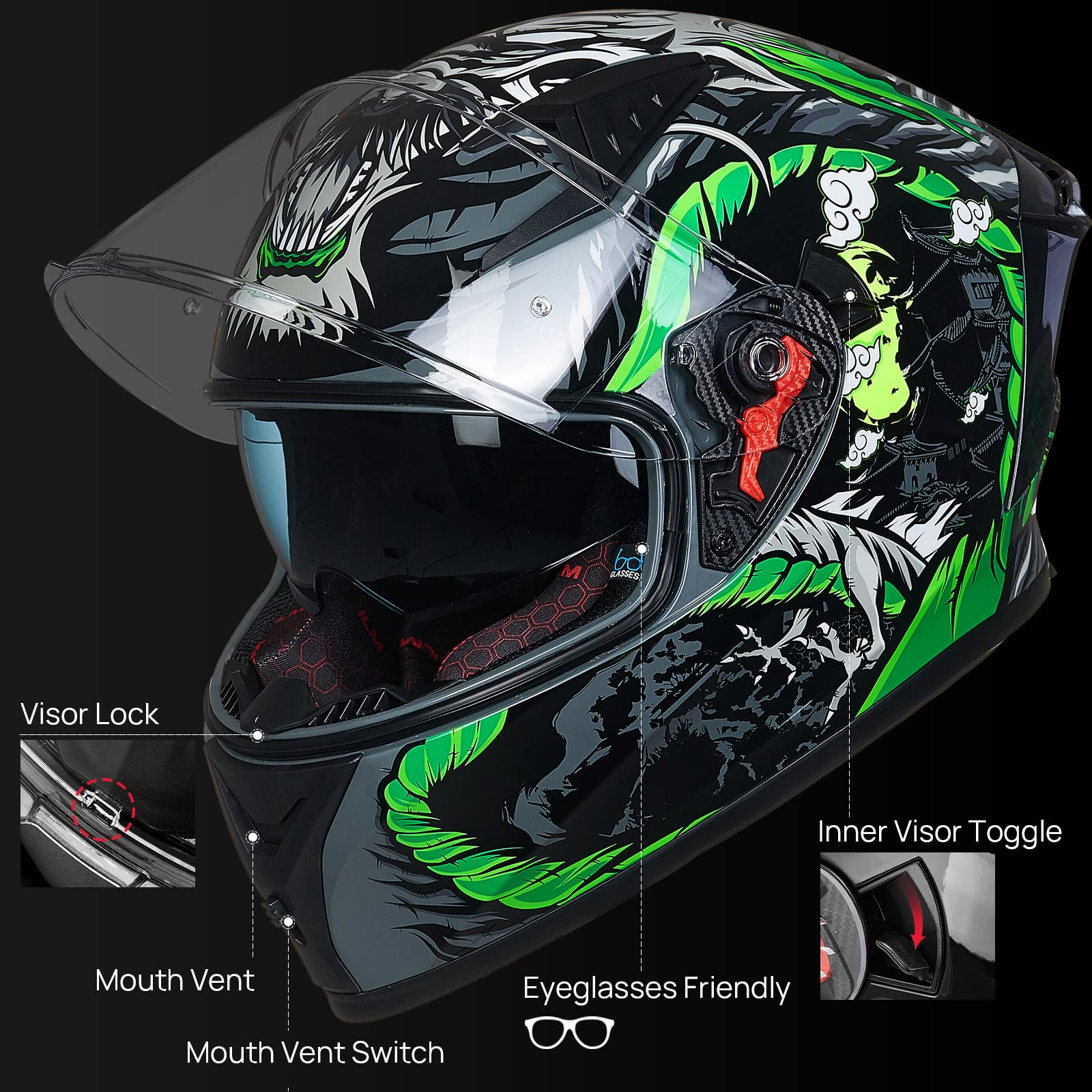 ILM Full Face Motorcycle Helmet Z501, Pinlock Compatible, XX-Large, Legend Green, Acrylonitrile Butadiene Styrene, DOT Certified