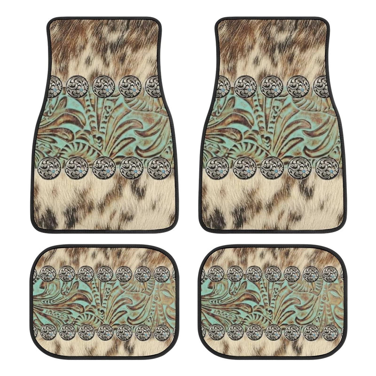 LONSANT Universal Car Floor Mats Set of 4,Rustic Brown Beige Teal Western Country Cowboy Tooled Leather Vehicle Front Rear Carpe