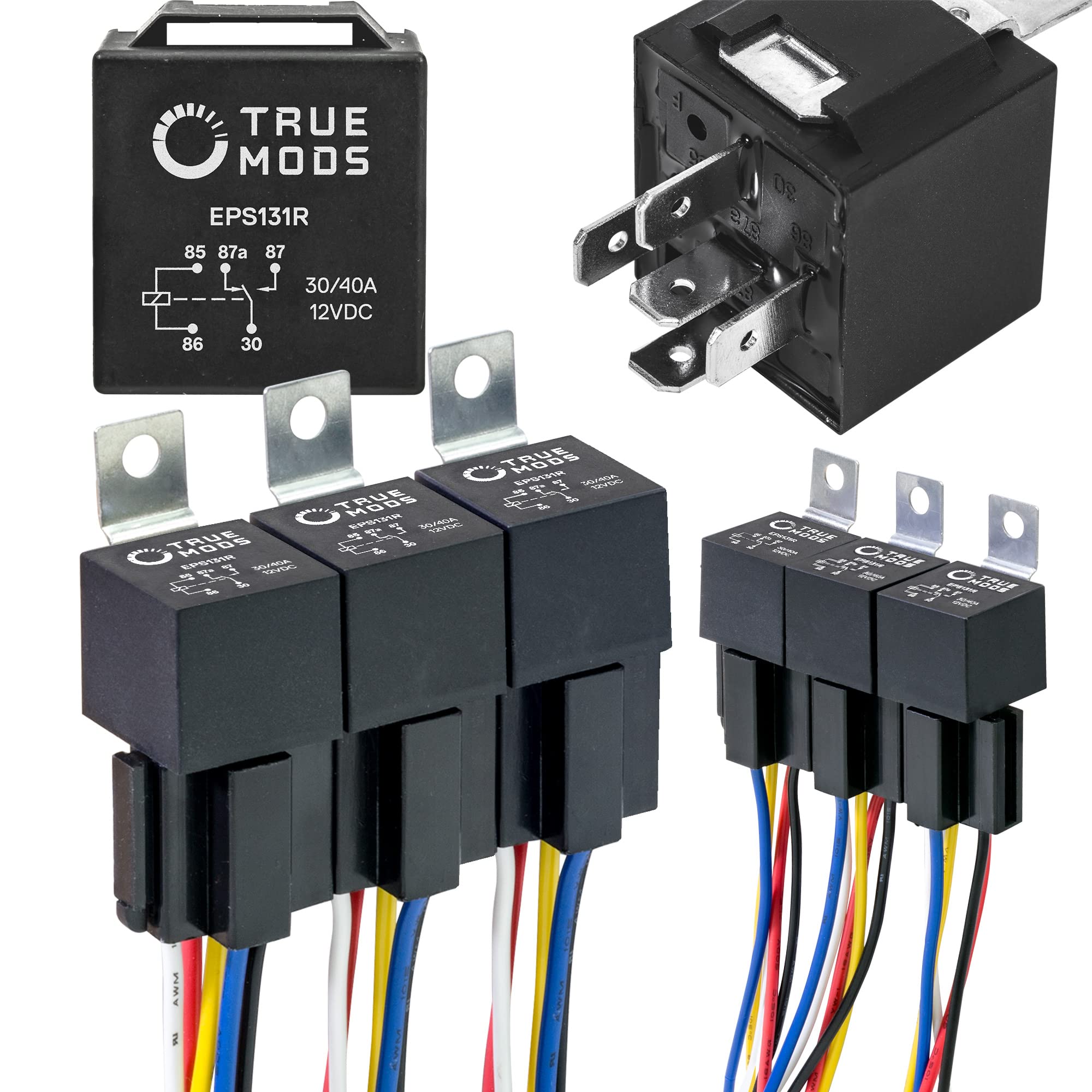 True Mods 6 Pack Bosch Style 5-Pin 12V Relay Kit [Interlocking Harness Socket Holder] [14 Awg Hot Wires] [Spdt] [30/40 Amp] 12 V