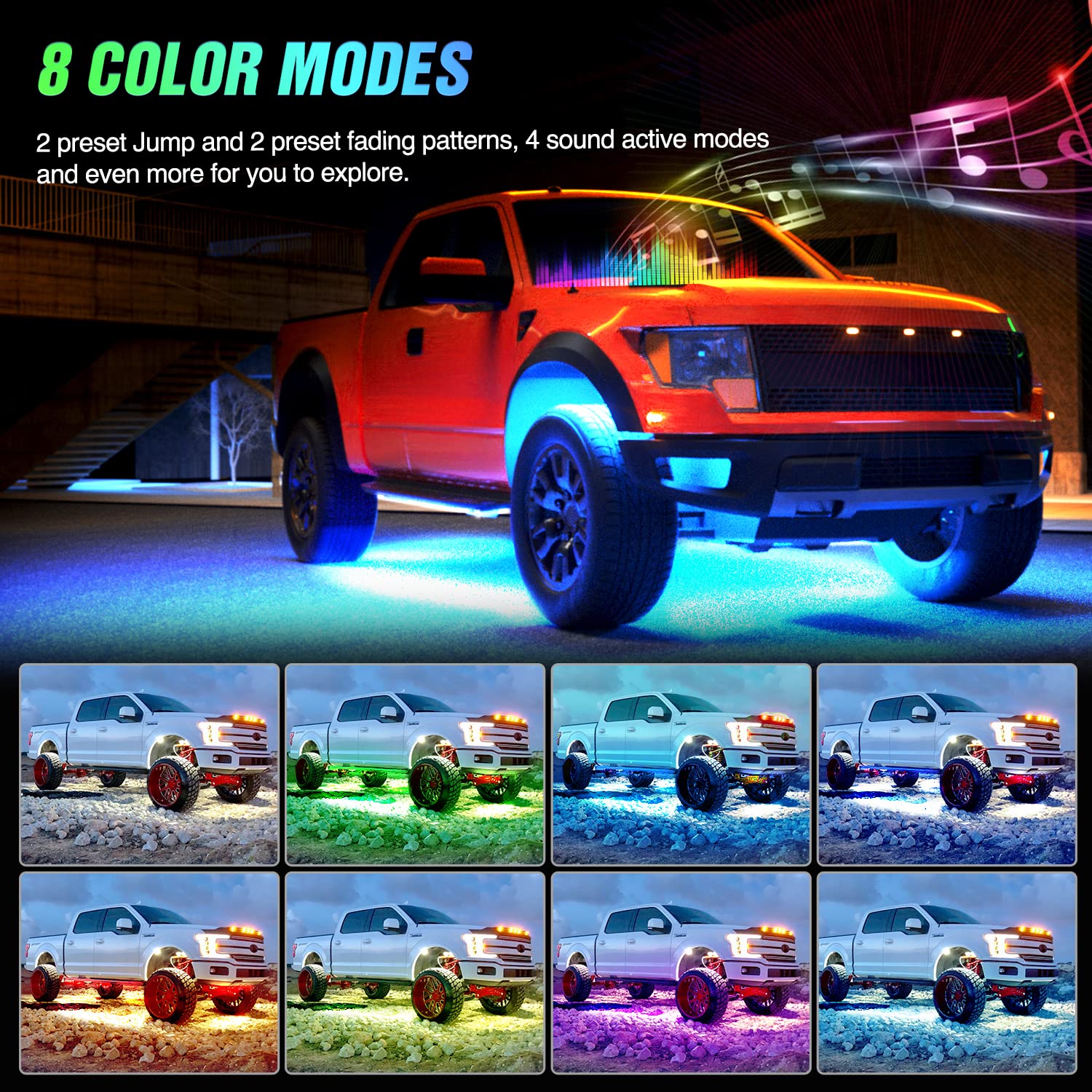Nilight Car Underglow RGB Strip Lights - 4Pcs, 252 LEDs, Sound Active, Wireless Remote, PVC, TL-57, 8 Colors, 2 Year Warranty