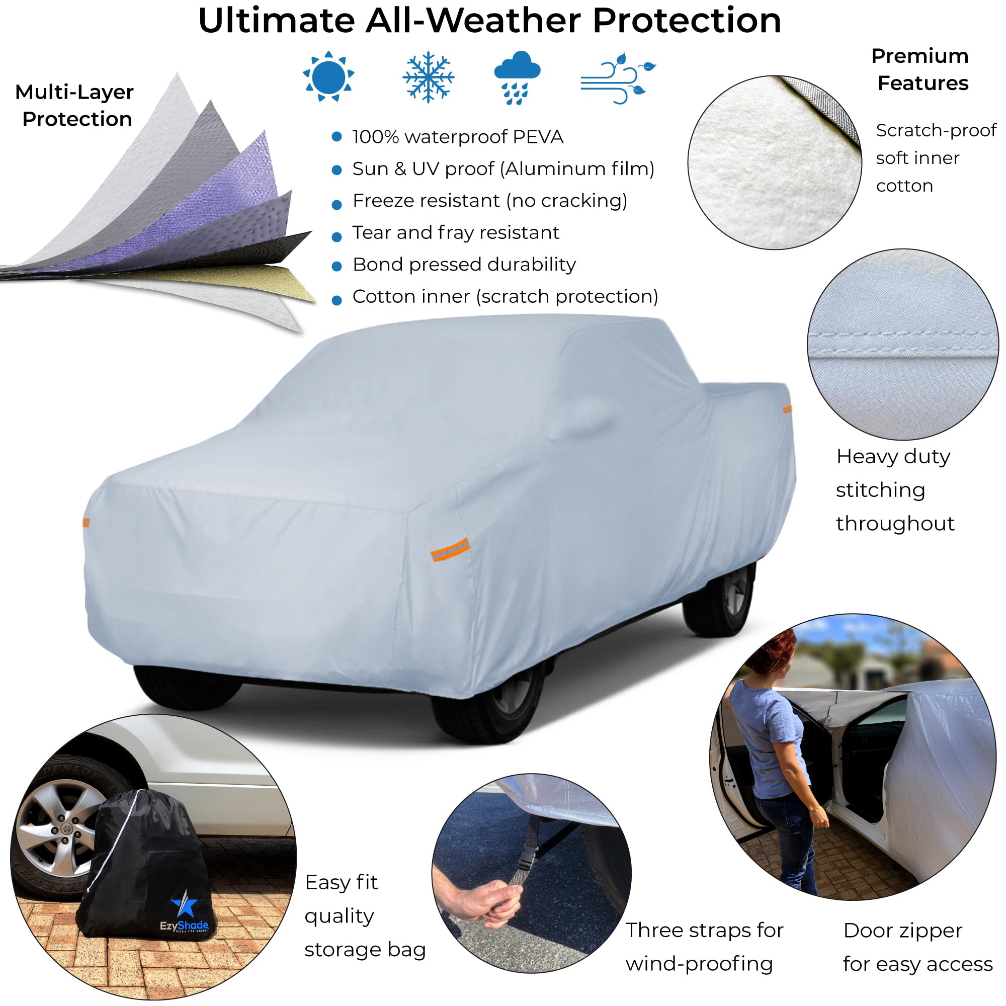 Ezyshade 10-Layer Truck Cover Waterproof All Weather. See Vehicle Size-Chart For Accurate Fit. Full Outdoor Pickup Truck Covers