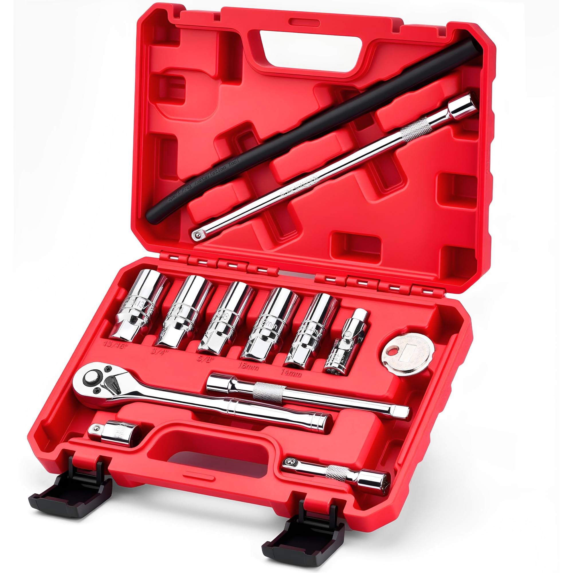 13pc 3/8 Spark Plug Socket Set with Installation Tube, 3/8 Drive Ratchet Wrench,3 Extension Bars(3,6,10),Spark Plug Socket Sets,