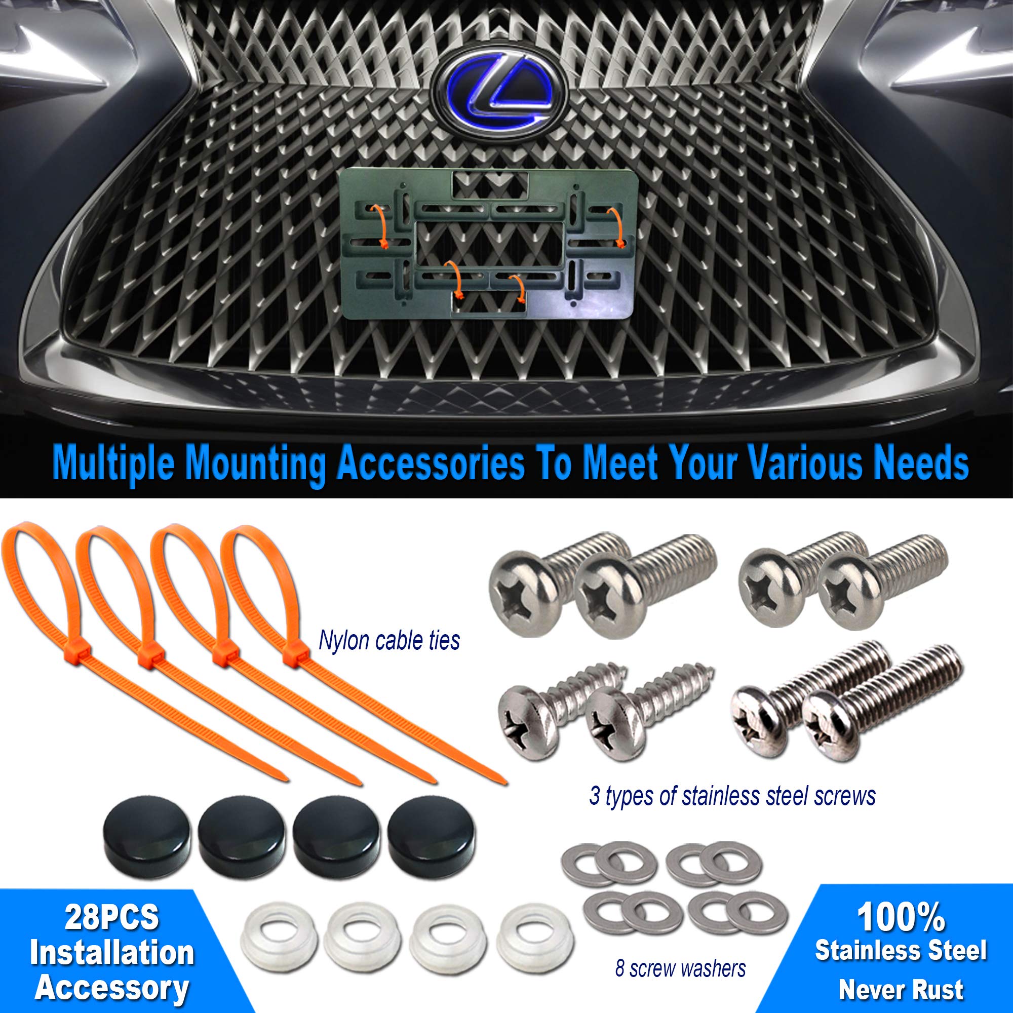 Zxfoog Front License Plate Mounting Kit- Front Bumper License Plate Bracket & Stainless Steel Car Tag Frame, Universal No Drilling Hole Adapter For Car/Truck/Trailer, With Screws Cap, Rattle Proof Pad