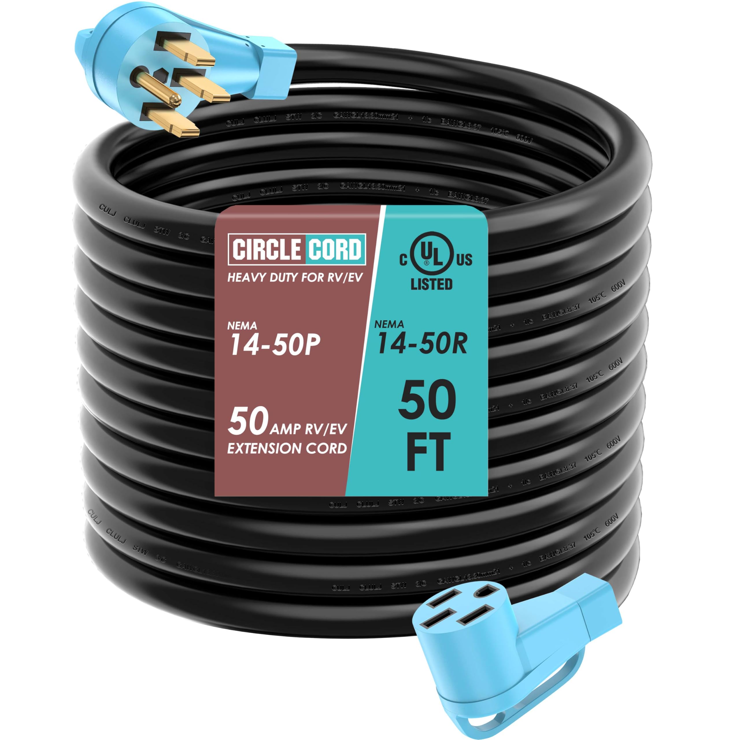 CircleCord 50 Amp RV/EV Extension Cord, 50 Feet, Heavy Duty 6/3+8/1 Gauge, Blue, NEMA 14-50P, ETL Listed with