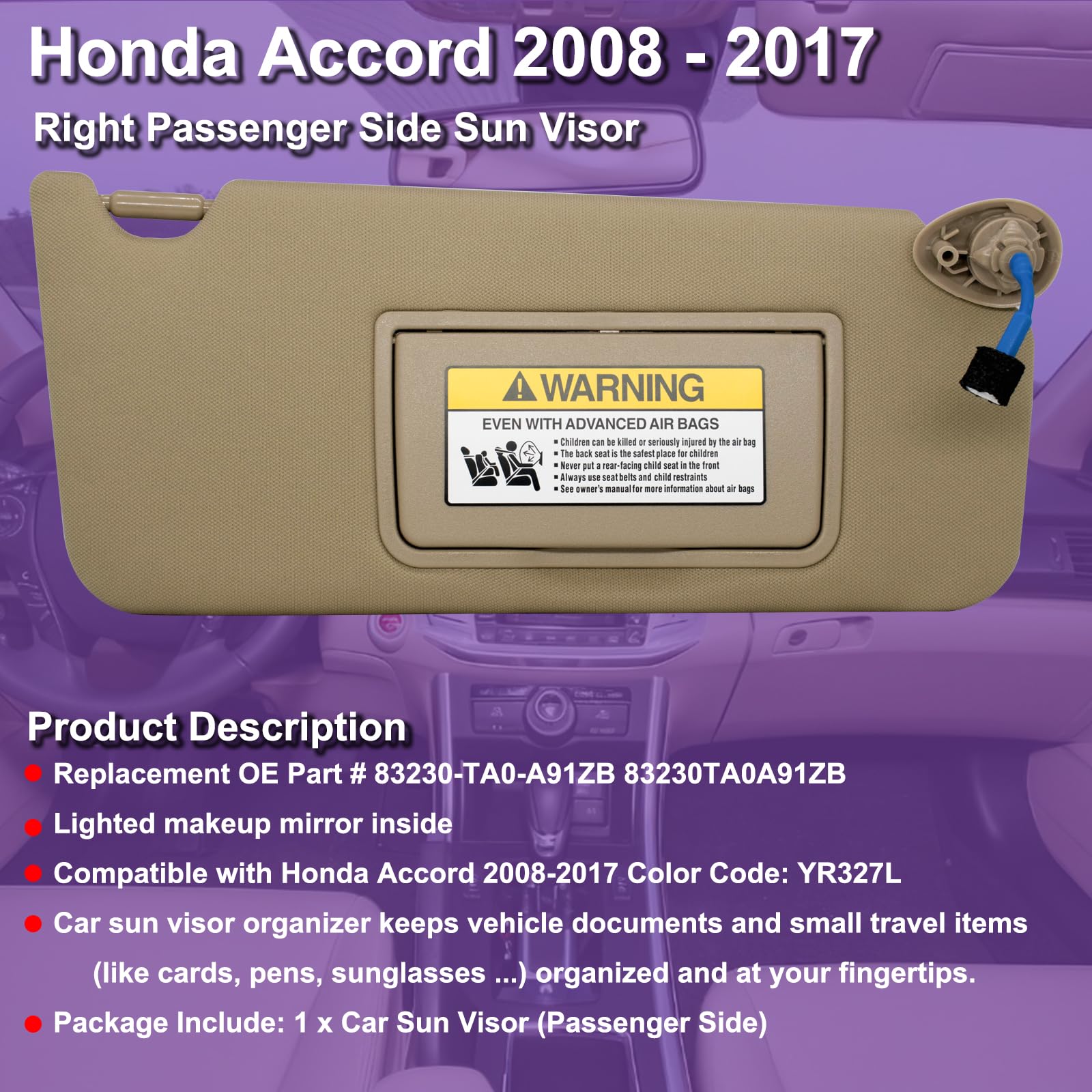 Passenger Right Sun Visor Compatible With Honda Accord 2008 2009 2010 2011 2012 2013 2014 2015 2016 With Light Oem :83230Ta0A91Zb (Beige)