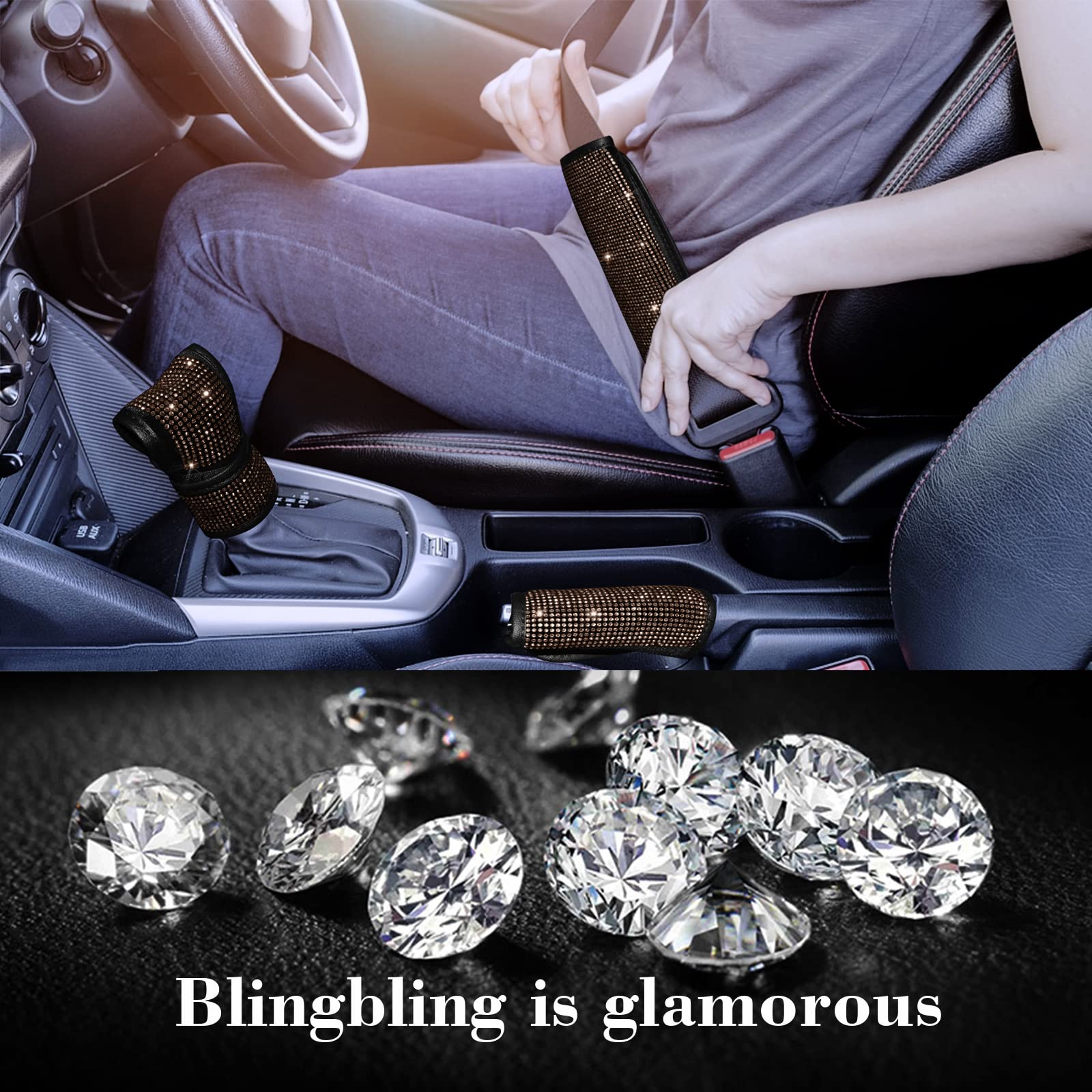 JINGSEN Bling Car Accessories Set for Women, 11 Pcs Rhinestone Steering Wheel Cover & Center Console, Universal Fit, Champagne