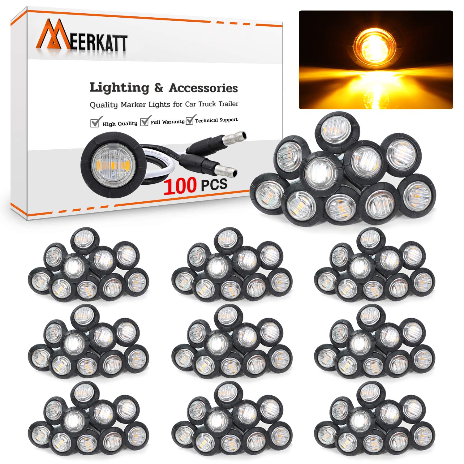MADCATZ Meerkatt Mini Side Marker Lamp, 3/4" SMD Lights, Waterproof, Clear/Amber, Pack of 100, Polycarbonate, 12VDC