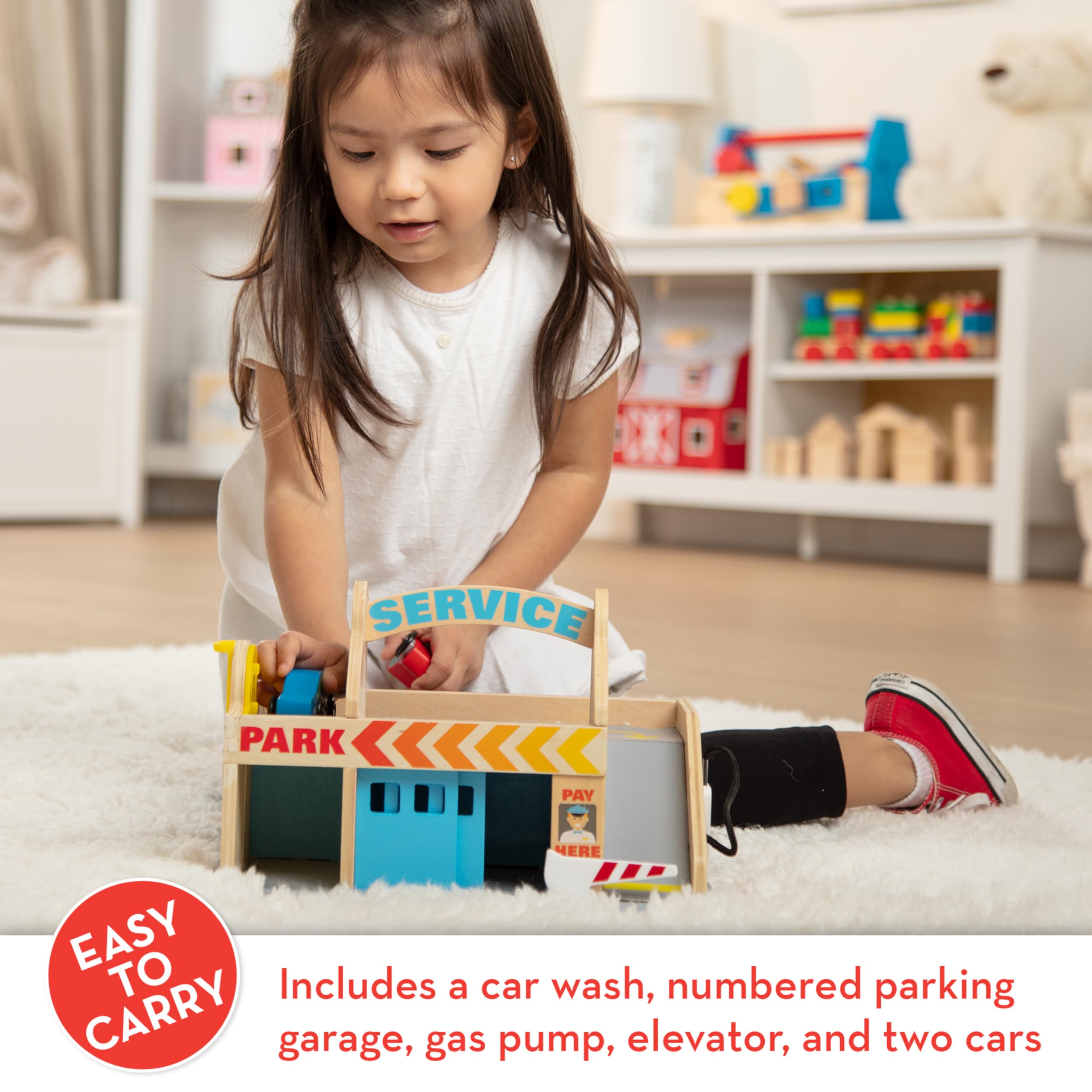 Melissa & Doug Wooden Service Station Parking Garage with 2 Cars, Multicolor, Model 9271