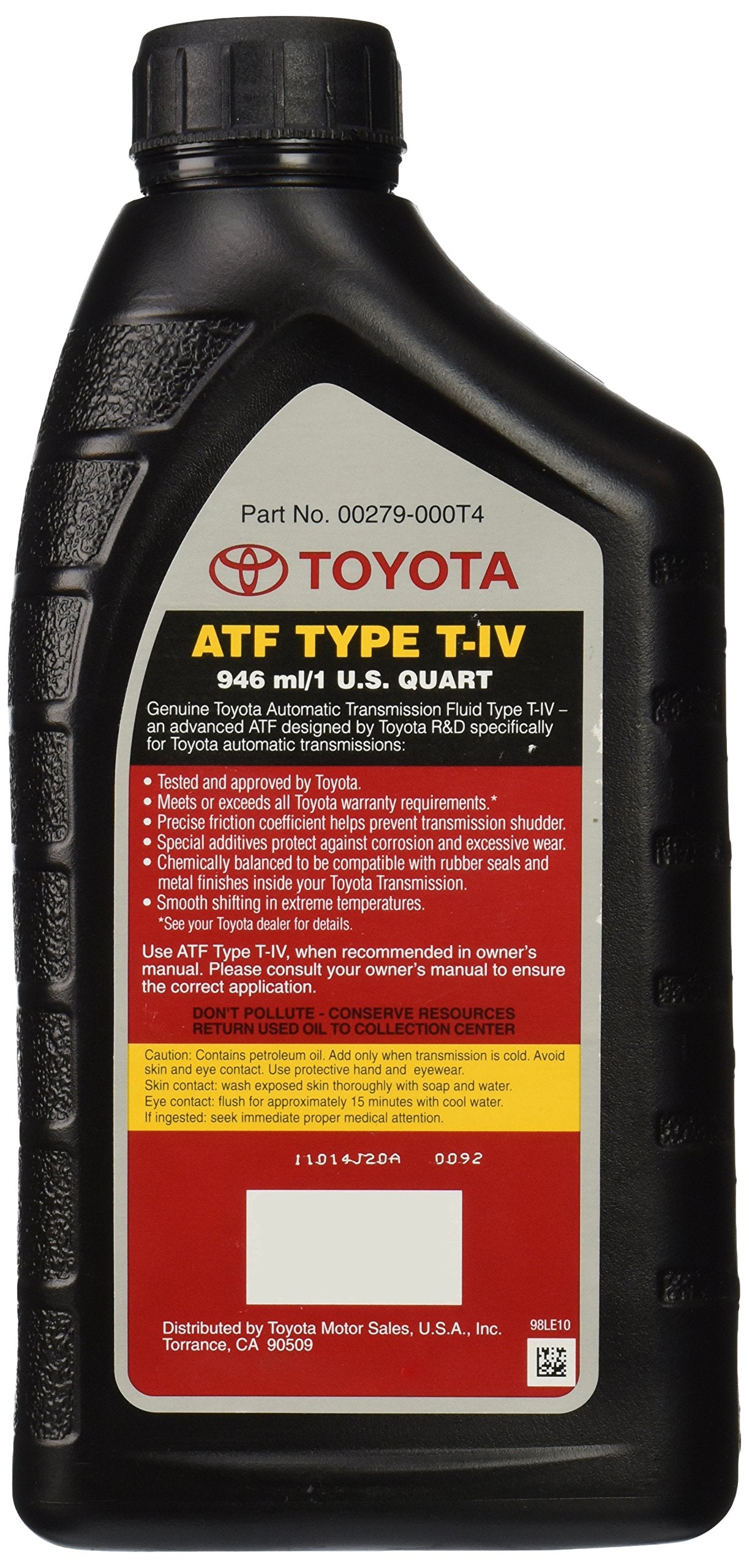 Toyota ATF Automatic Transmission Fluid, 1 Pack, Black, Model 00279-000T4-01, Polytetrafluoroethylene, Lithium