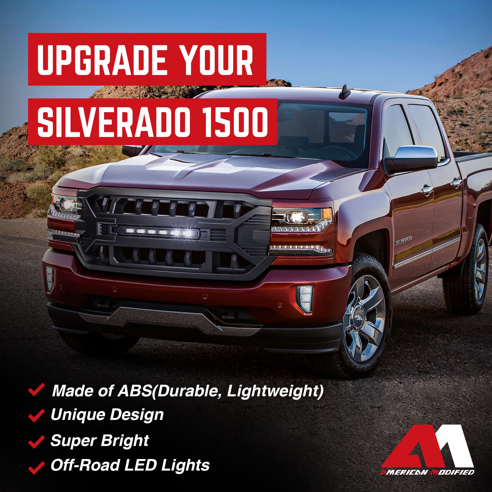 AMERICAN MODIFIED Armor Grille with Off-Road LED Lights Compatible with Chevrolet Silverado 1500, 2016 to 2019 Models, Matte Bla