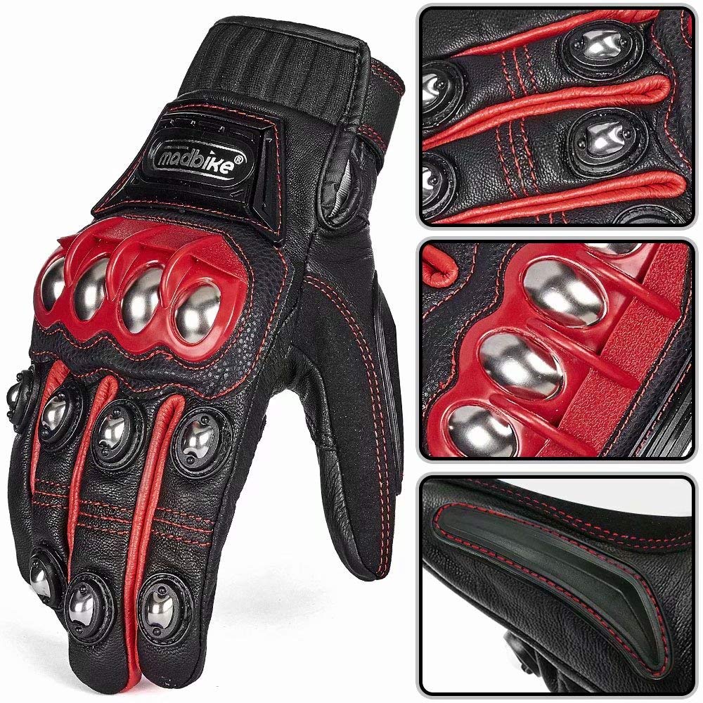 Ilm Alloy Steel Leather Hard Knuckle Touchscreen Motorcycle Bicycle Motorbike Powersports Racing Gloves (Xl, (Leather) Red) Mode