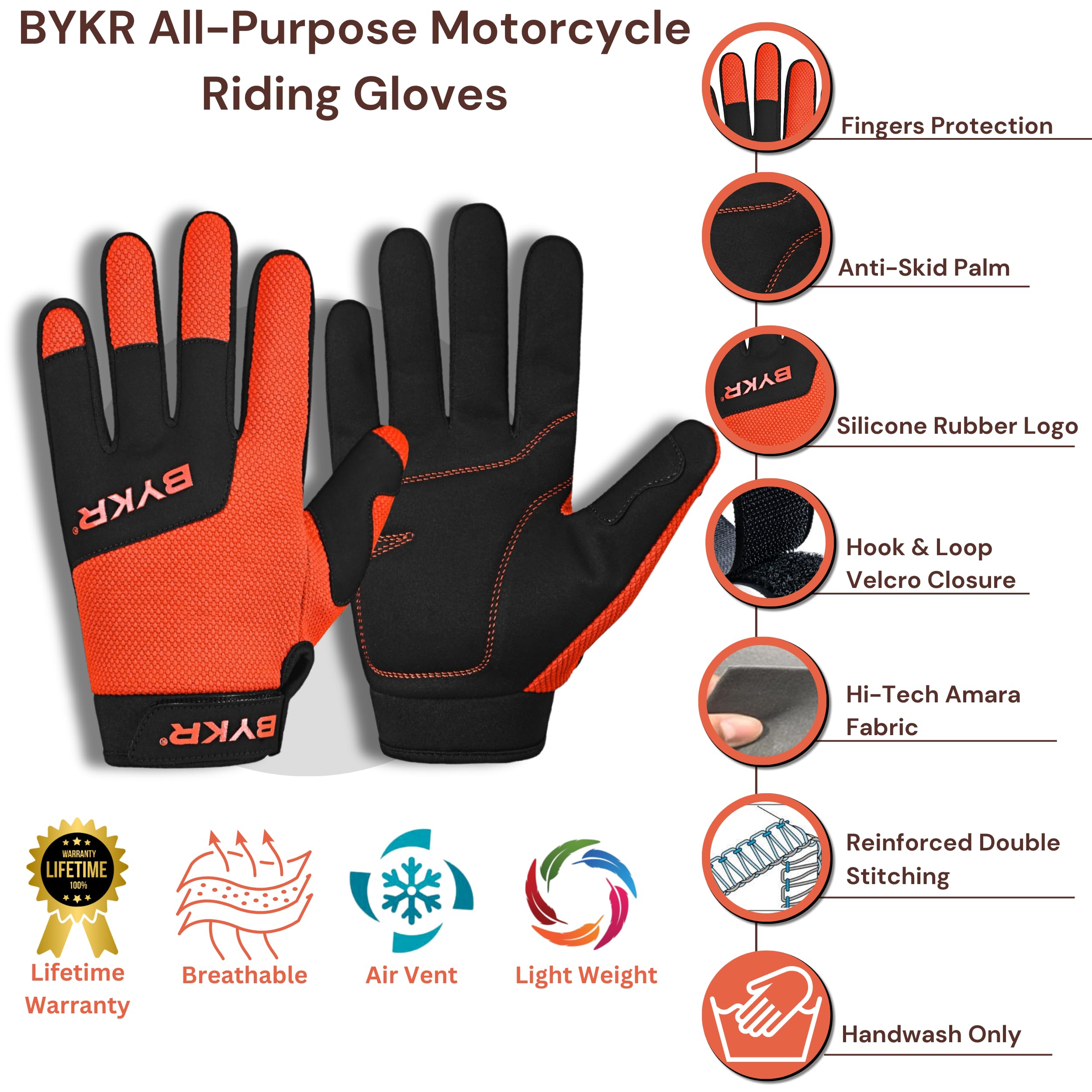 Bykr All-Weather Motorcycle Gloves For Men & Women - Protection For Dirt Bike, Bmx, Mx, And Atv Riding - Orange L