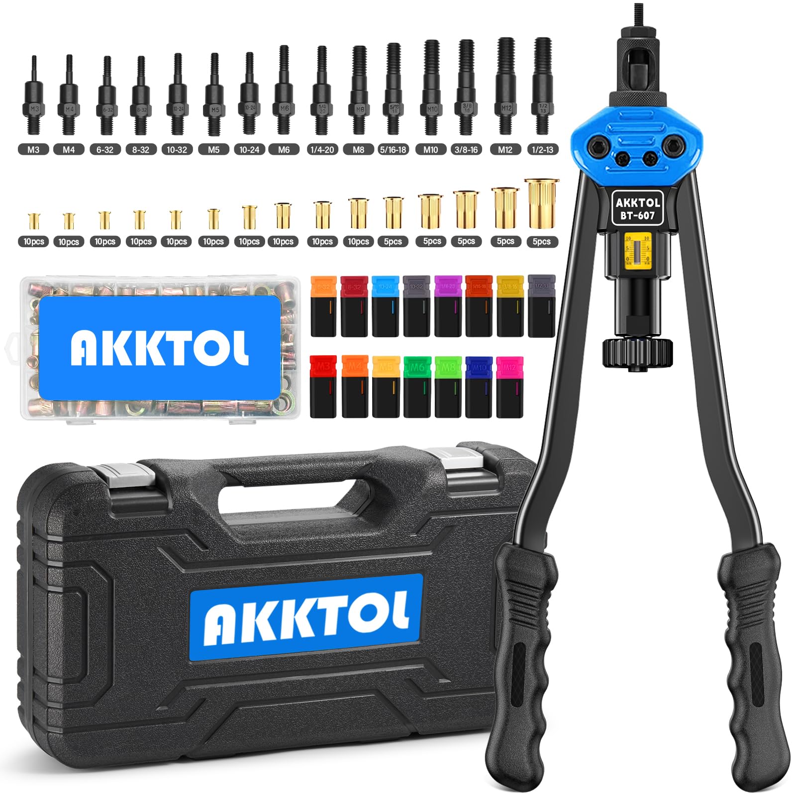 AKKTOL Rivet Nut Tool Kit, 16" Heavy-Duty Carbon Steel, 15 Metric & SAE Mandrels, Blue, Model BT-607, 125-PCS Assortment