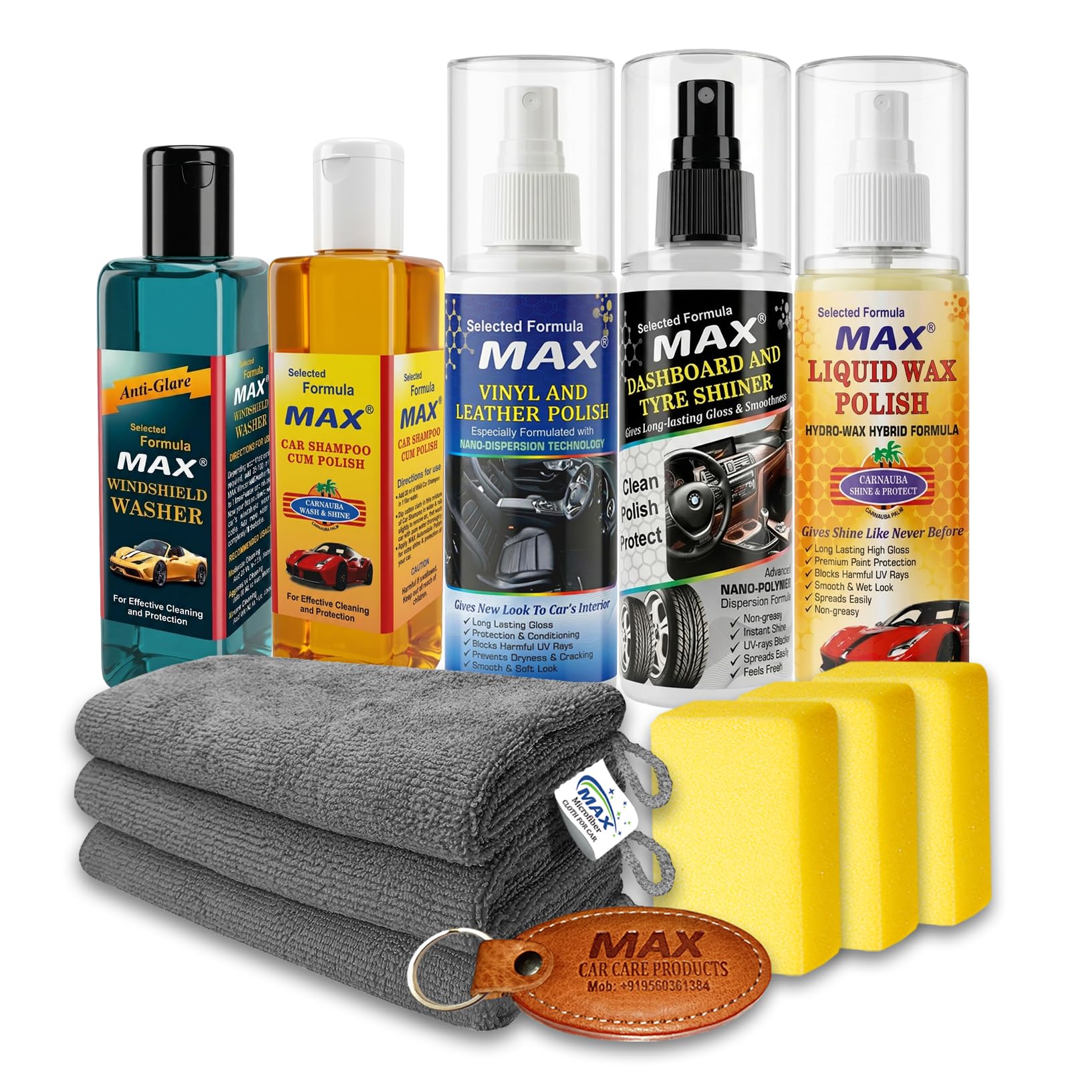 MAX Complete Car Care Kit  ADVANCED (Pack of 5 Items of 200 ML, 3 Pcs Microfiber Cloth 350 GSM, 3 Pcs Foam Applicators and 1 Pc