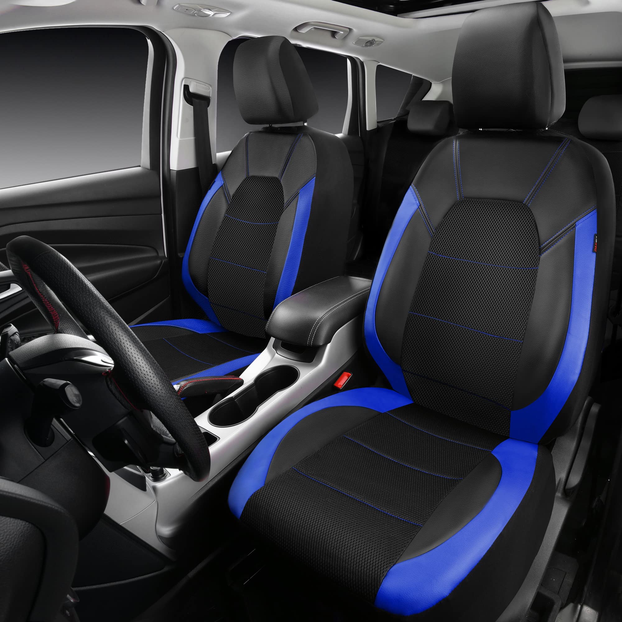 CAR PASS Universal Leather Front Seat Covers - Airbag Compatible, Black and Blue, Polyester, Model zt-0121-3, Fits Most Cars, SUVs, Trucks, Vans