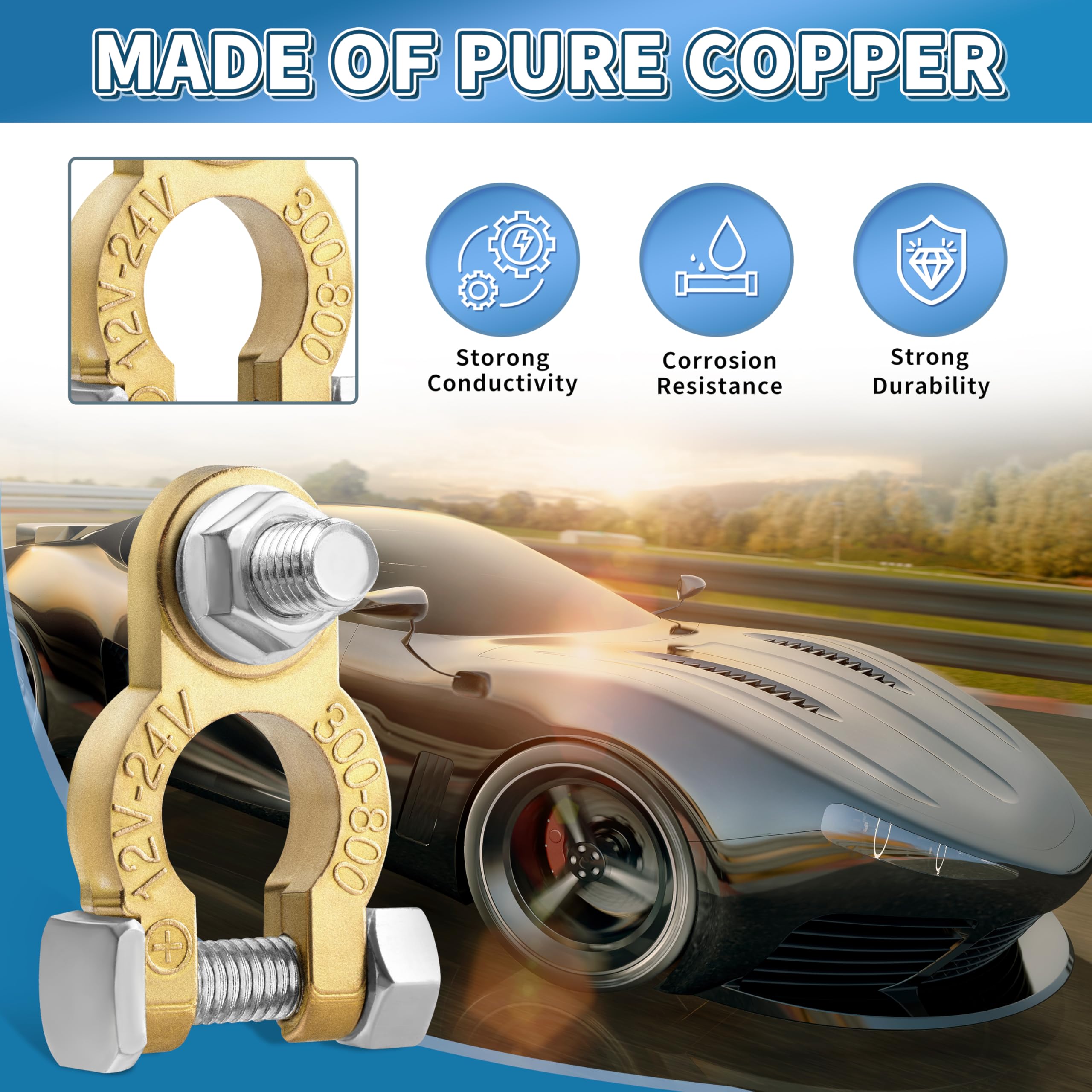 Battery Terminal Connectors 1 Pair, Battery Terminals M8 X 21Mm Bolt, Battery Cable Ends Pure Copper With Anti-Corrosion Pad For