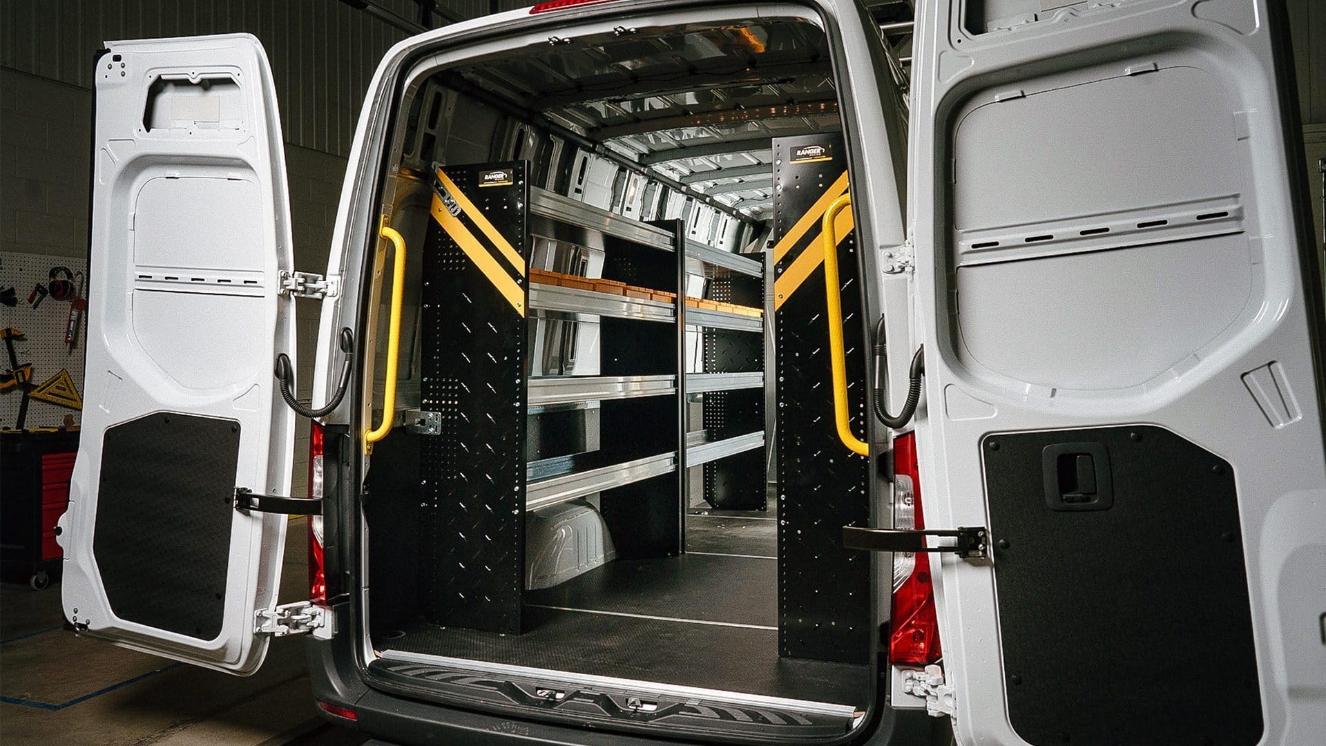 American Truck Equipment Ranger Design Steel Shelving Unit For Low Roof Van, 14' X 44.5' X 96'. Model: N4-Rs96-3