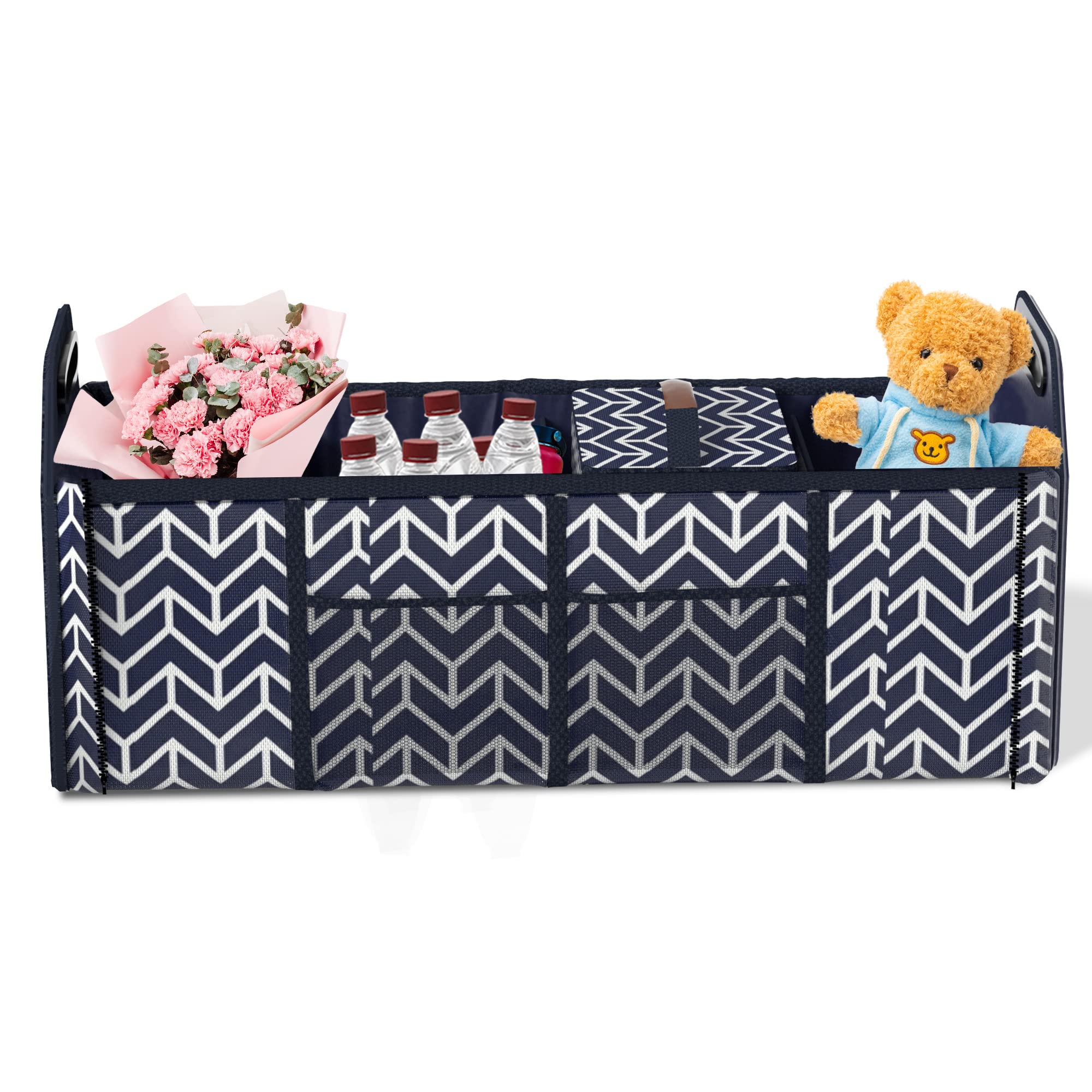 Trunk Organizer For Car, Foldable Car Storage Bag Portable Insulation Cooler Bag Collapsible Vehicle Organizer Divider Storage Totes With 4 Compartment Cargo Tote For Groceries Caddy Suv, Navy Blue