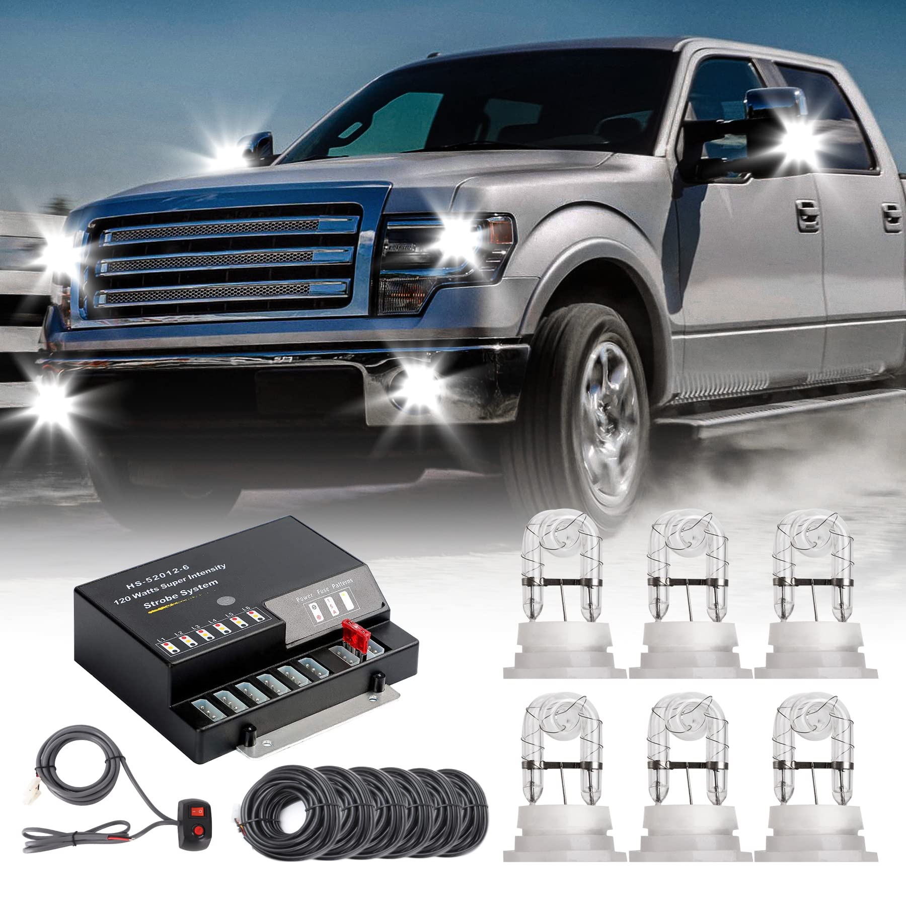 SMALLFATW Hideaway Strobe Lights Kit 6 HID Bulbs 13 Flashing Mode Memory Recall Function, 16 Feet Power Cord with Controller, Em