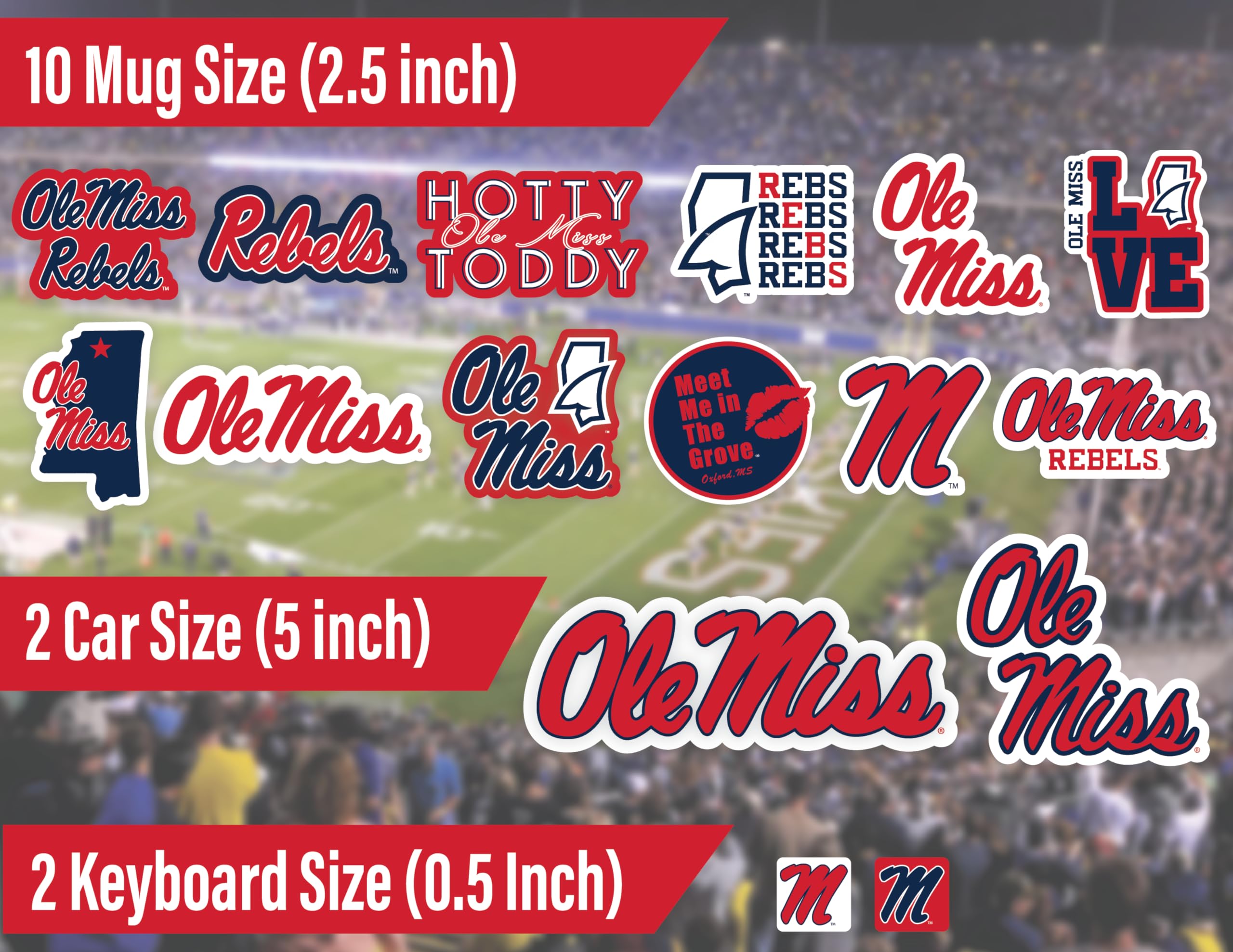 Ole Miss Stickers (14 Piece) Ole Miss Rebels Gifts For Men Football Fans For Car Laptop Water Bottle + 2 Large Mississippi Car D