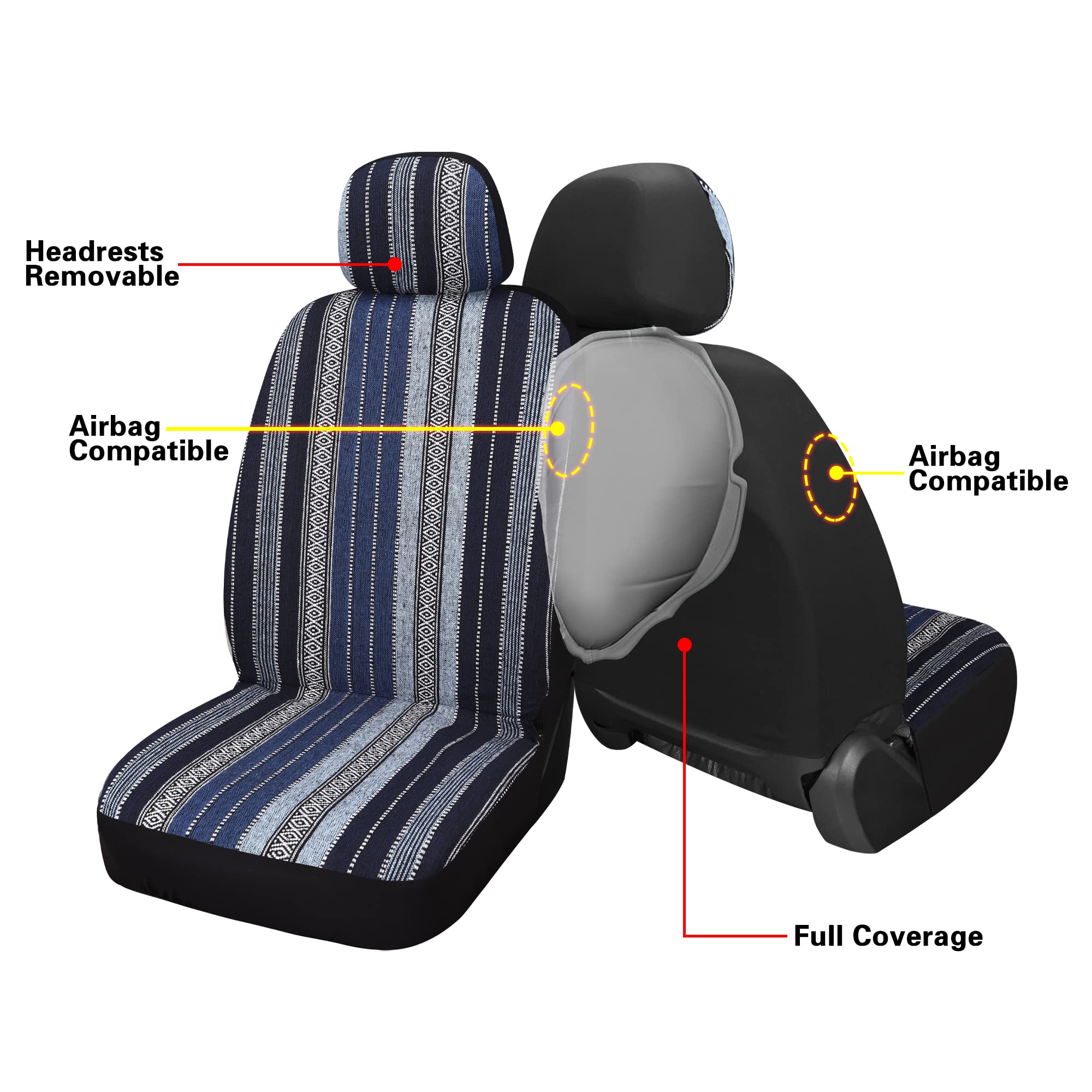 Haiyaotimes Baja Saddle Blanket Car Seat Covers Full Set With Seat Belt Pads, Washable Breathable Seat Covers For Cars, Universal Fit Interior Covers For Most Sedan Truck Suv, Airbag Compatible, Blue