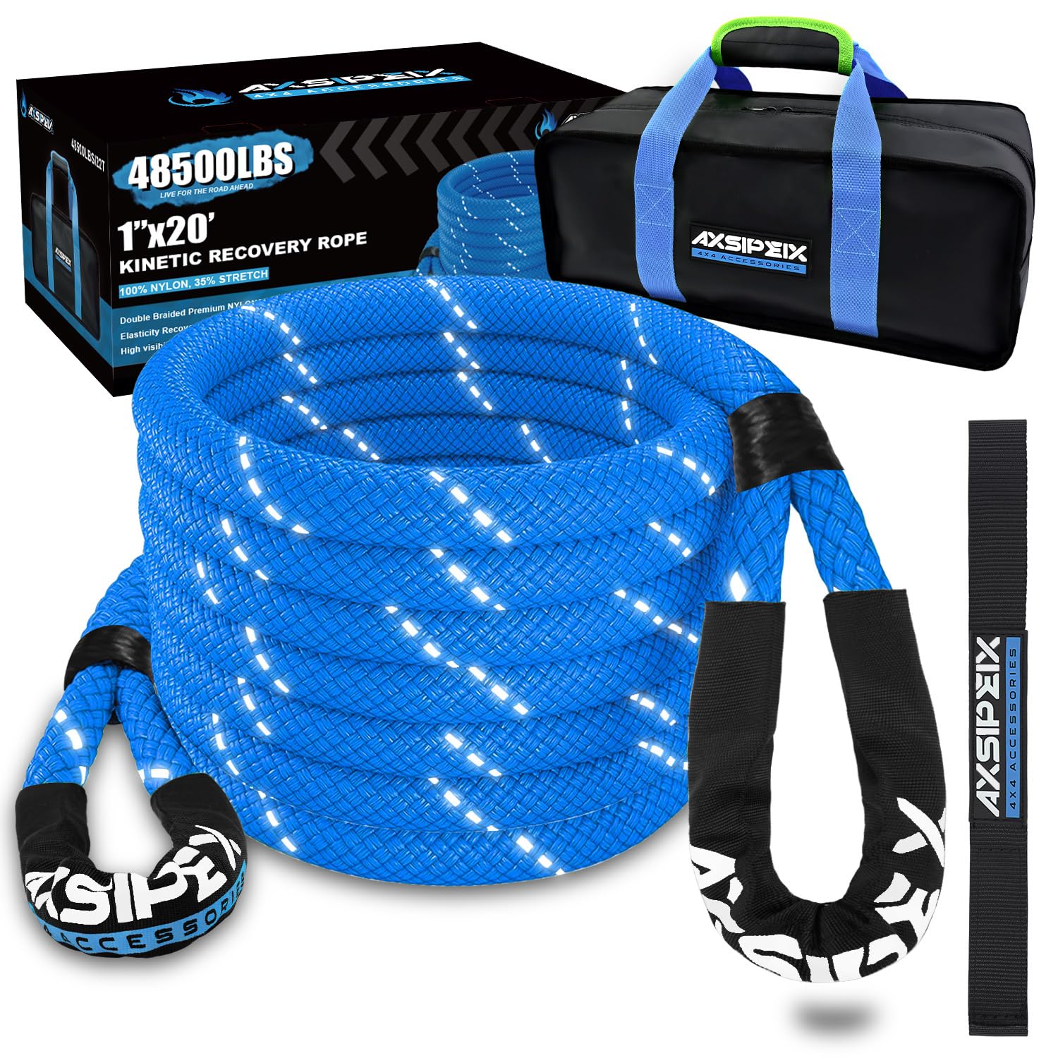 Axsipeix 1''  20Ft Kinetic Recovery Rope (48,500Lbs) Heavy Duty Offroad Kinetic Rope For Utv, Atv, Truck, Car (Blue)