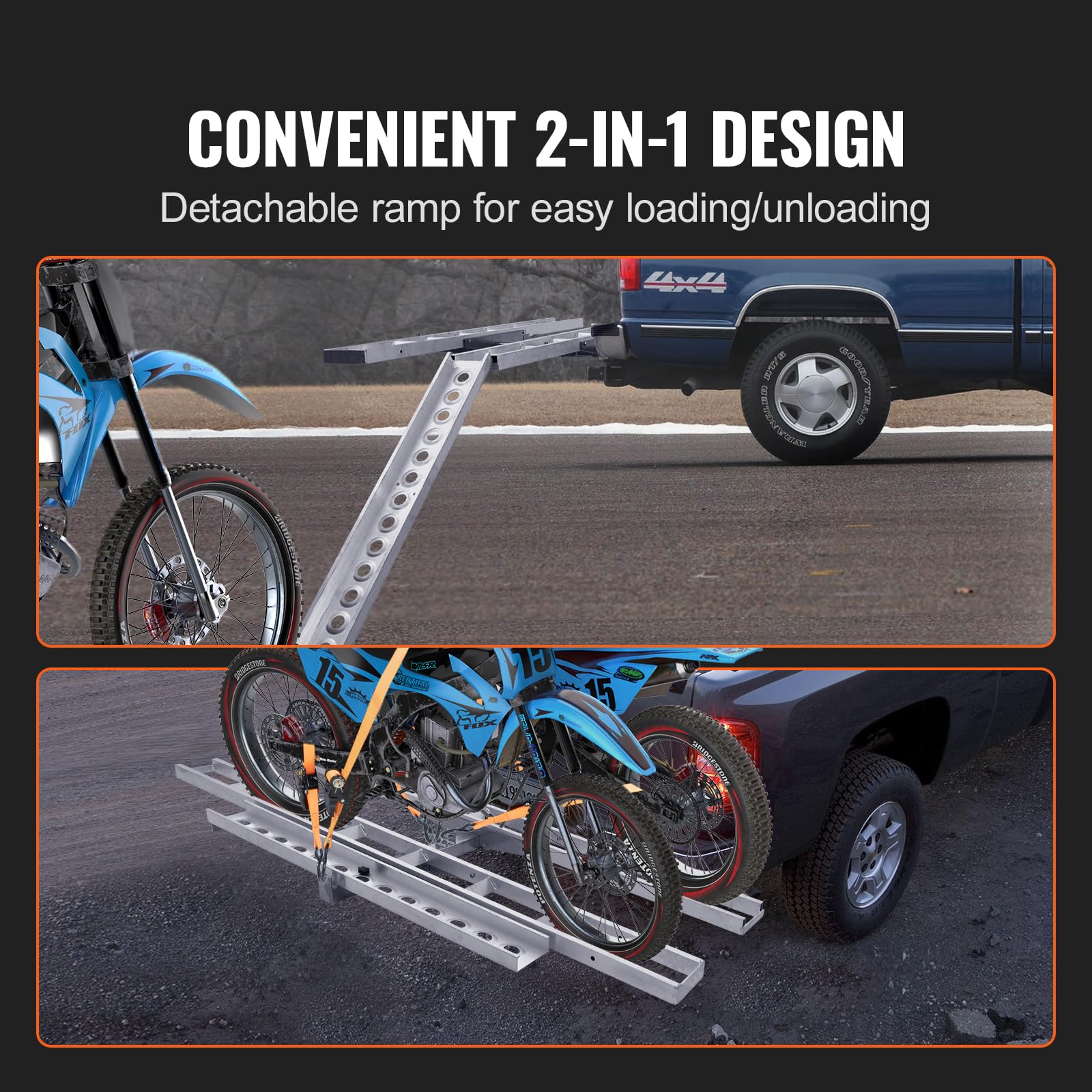 VEVOR Motorcycle Carrier for 2 Bikes, 600 lbs Aluminum, 47in Ramp, Silver, Model TD-1004-08, Hitch Mount for Car/Truck