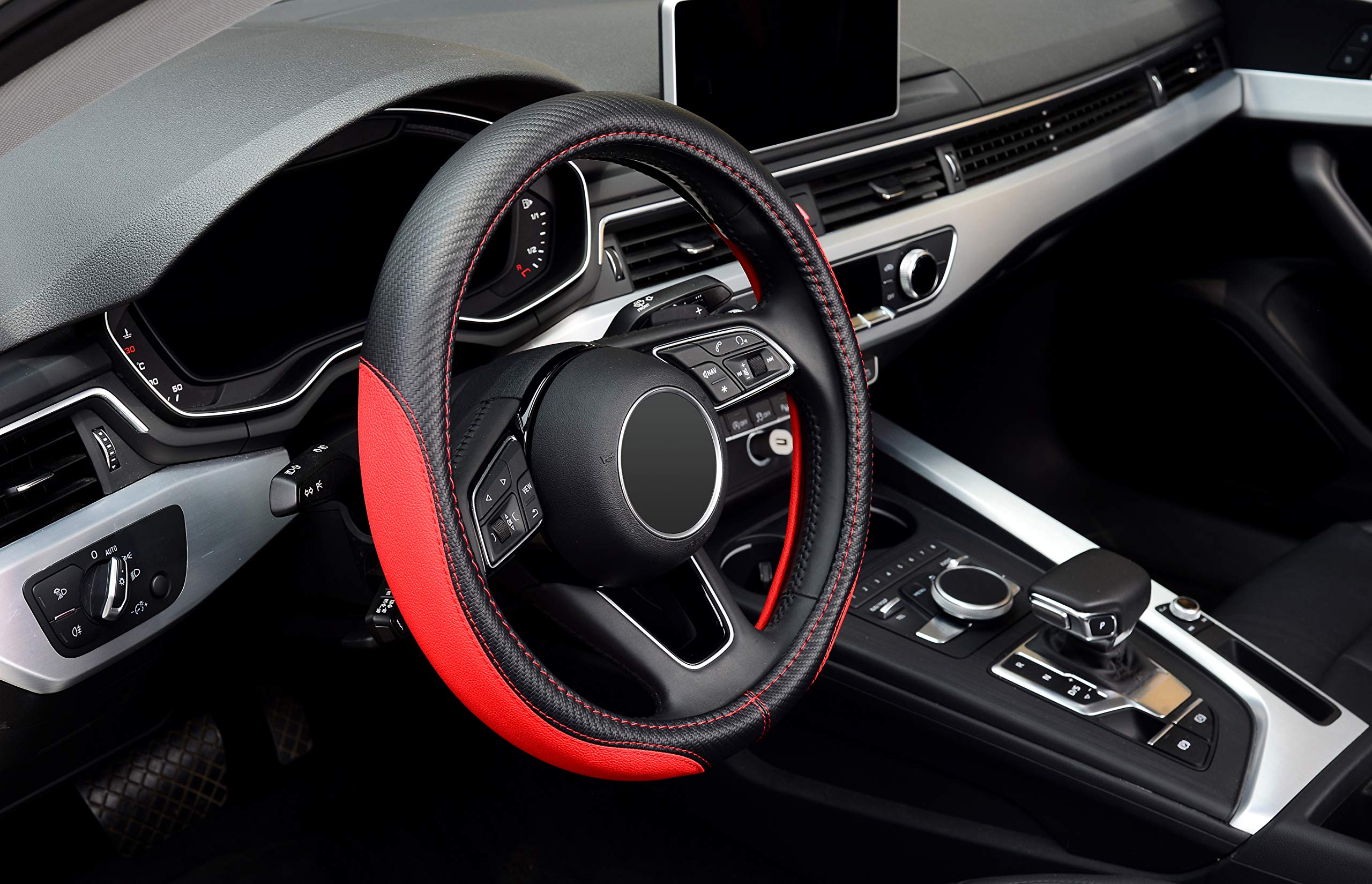 Labbyway Microfiber Leather Auto Car Steering Wheel Cover, Universal 15 Inch Anti-Slip Wheel Protector, Red