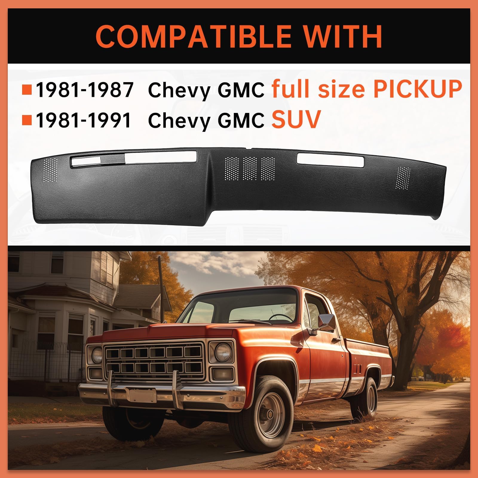 ECOTRIC Dashboard Cover for 1981-1991 Chevrolet GMC C/K/R/V Truck, Black ABS Plastic, Model VC-LYAP-042-MB-XB