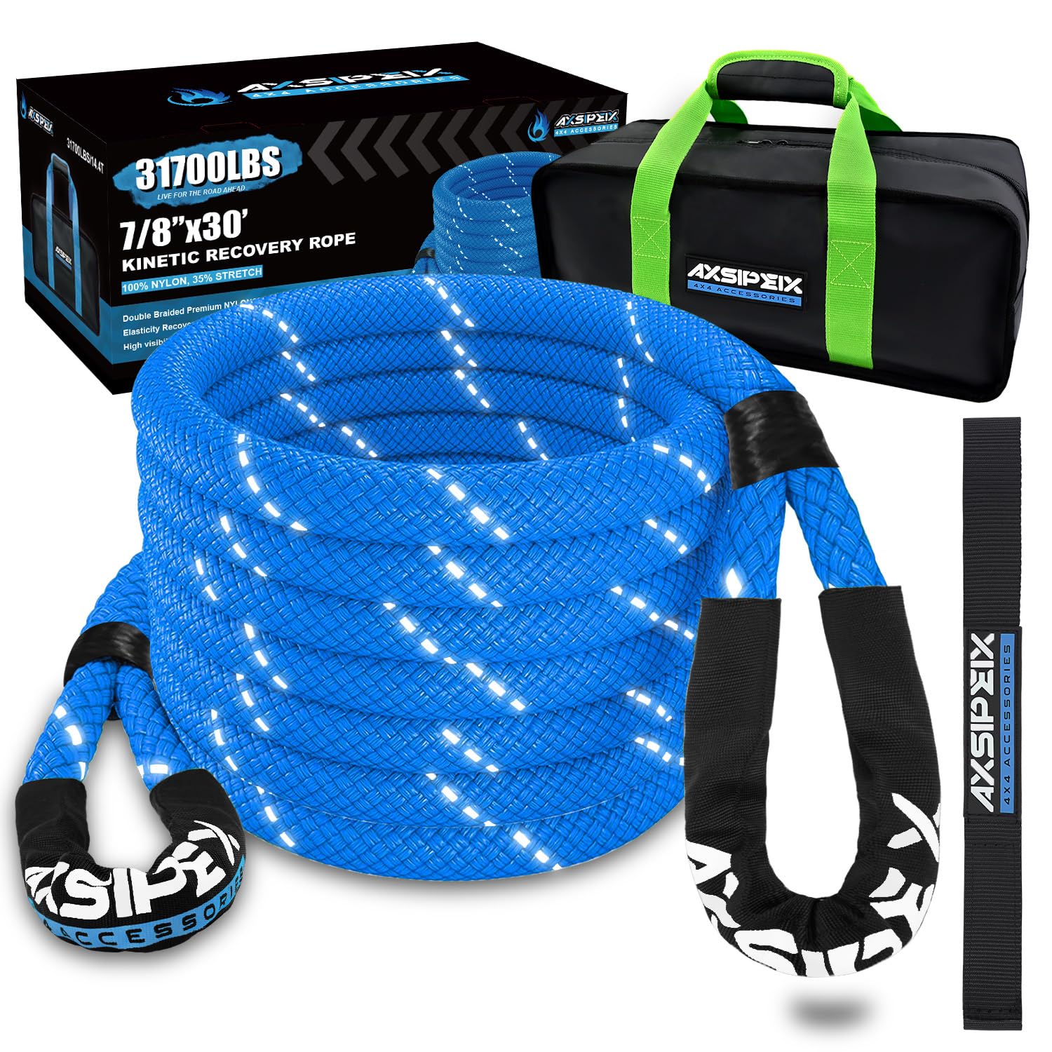 Axsipeix 7/8''  30Ft Kinetic Recovery Rope (31,700Lbs) Heavy Duty Offroad Kinetic Rope For Utv, Atv, Suv, Car (Blue)