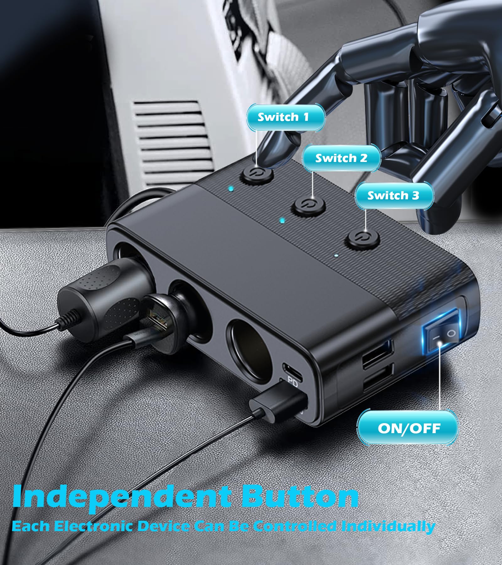 LIHAN Cigarette Lighter Splitter,3 Socket Car Charger Adapter, Type-C QC3.0 PD 30W Charging, Dual USB Charging Ports, Independen