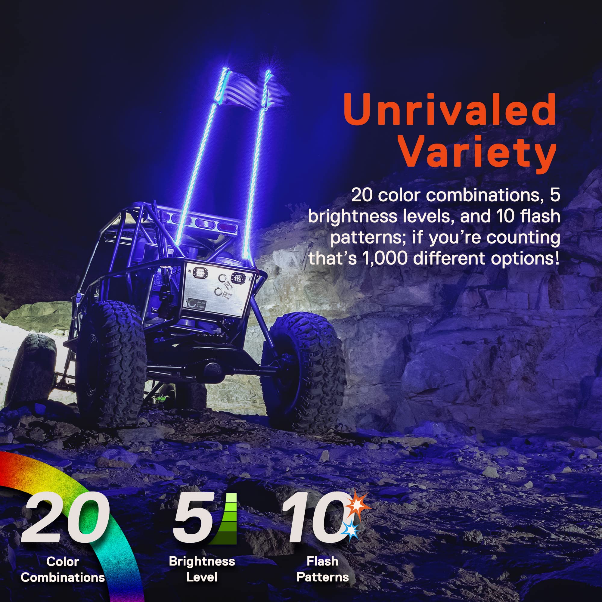 True Mods 6Ft Spiral Rgb Led Whip Light For Utv Atv [Rf Wireless Remote] Usa Flag Waterproof Led Lighted Whip Cb Antenna Pole St