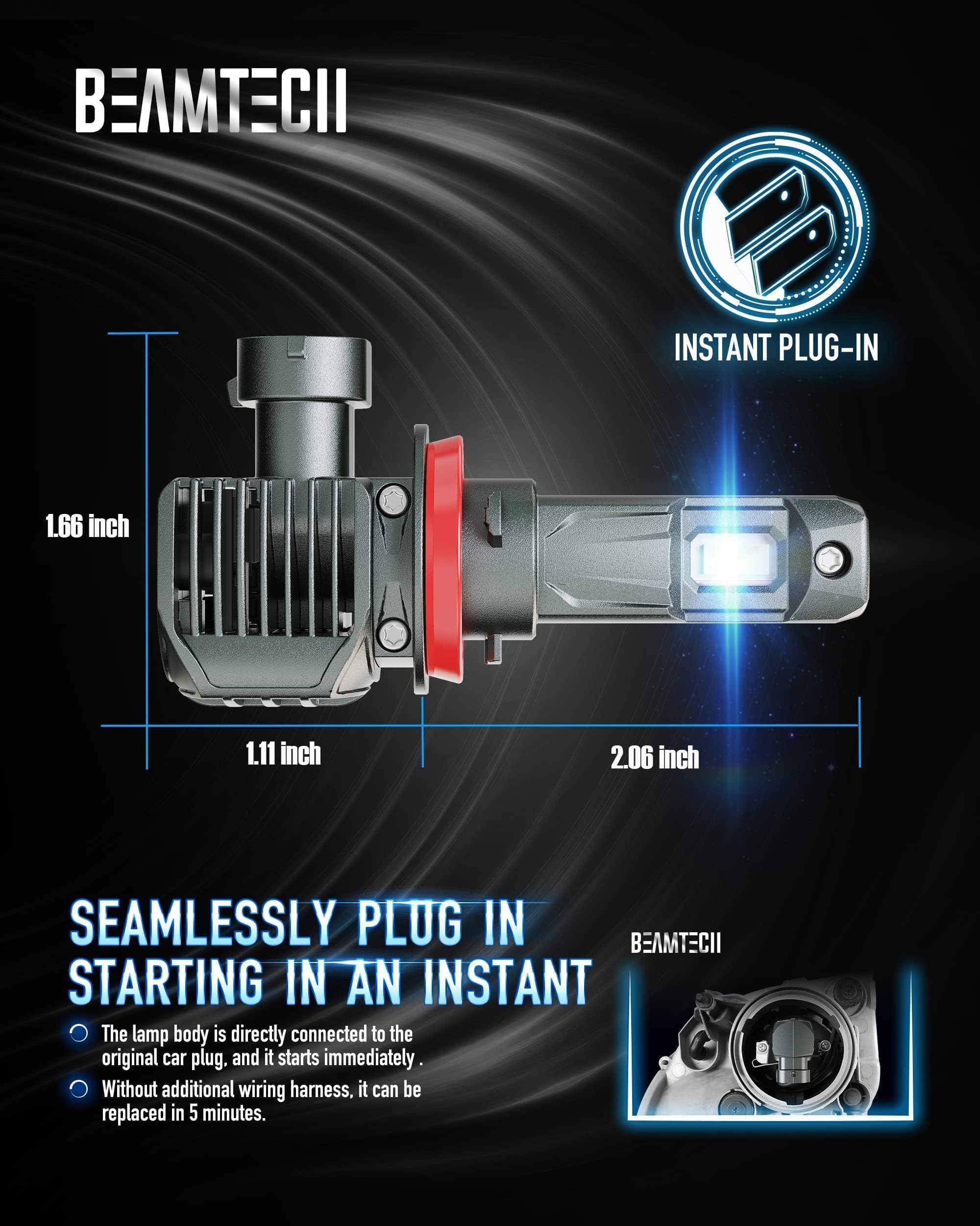 Beamtech H11 Bulbs, H8(H9) Fog Light, G-Xpower Chips 6500K White Plug And Play, Pack Of 2